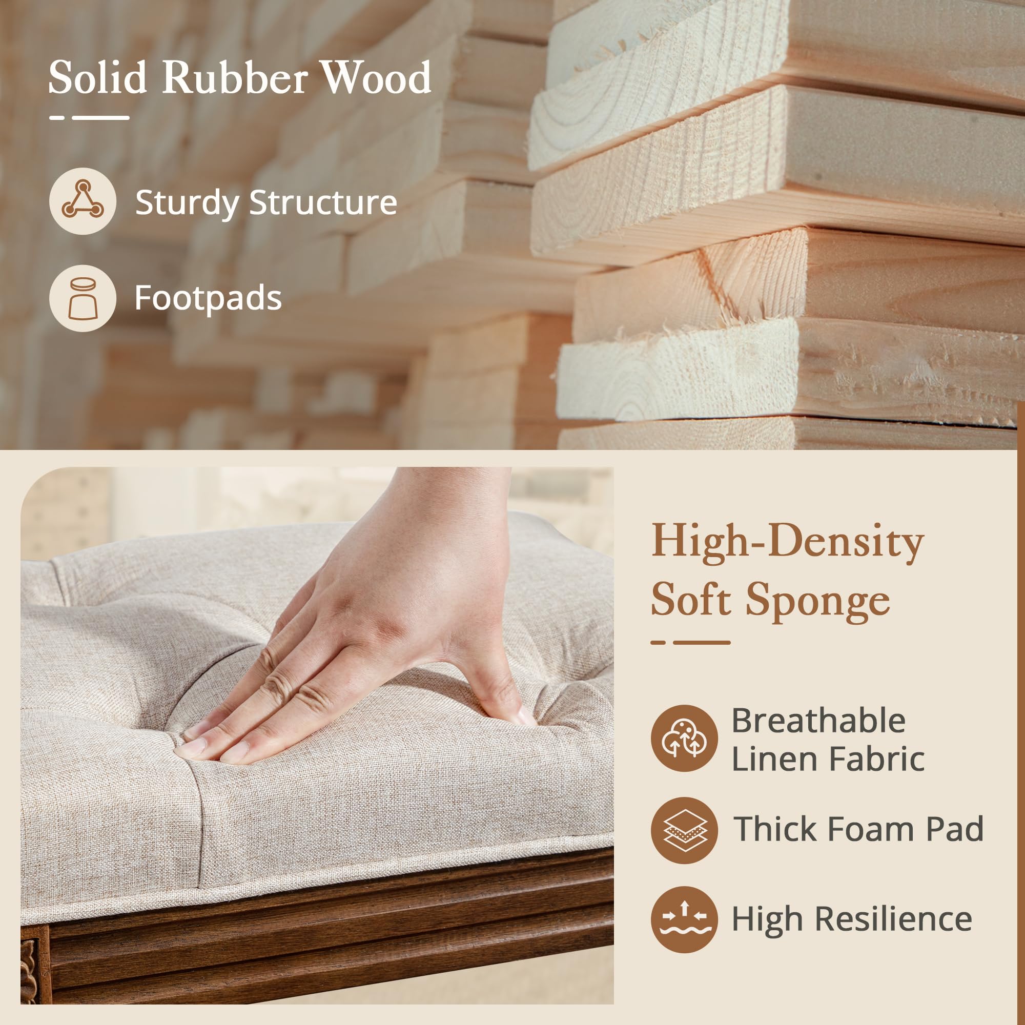 LUE BONA Upholstered Fabric Vanity Bench Seat, Makeup Stools for Vanity, Square Tufted Ottoman Bench with Carved Wood Color Legs for Bedroom Living Room, Beige: Linen Color-dark Brown