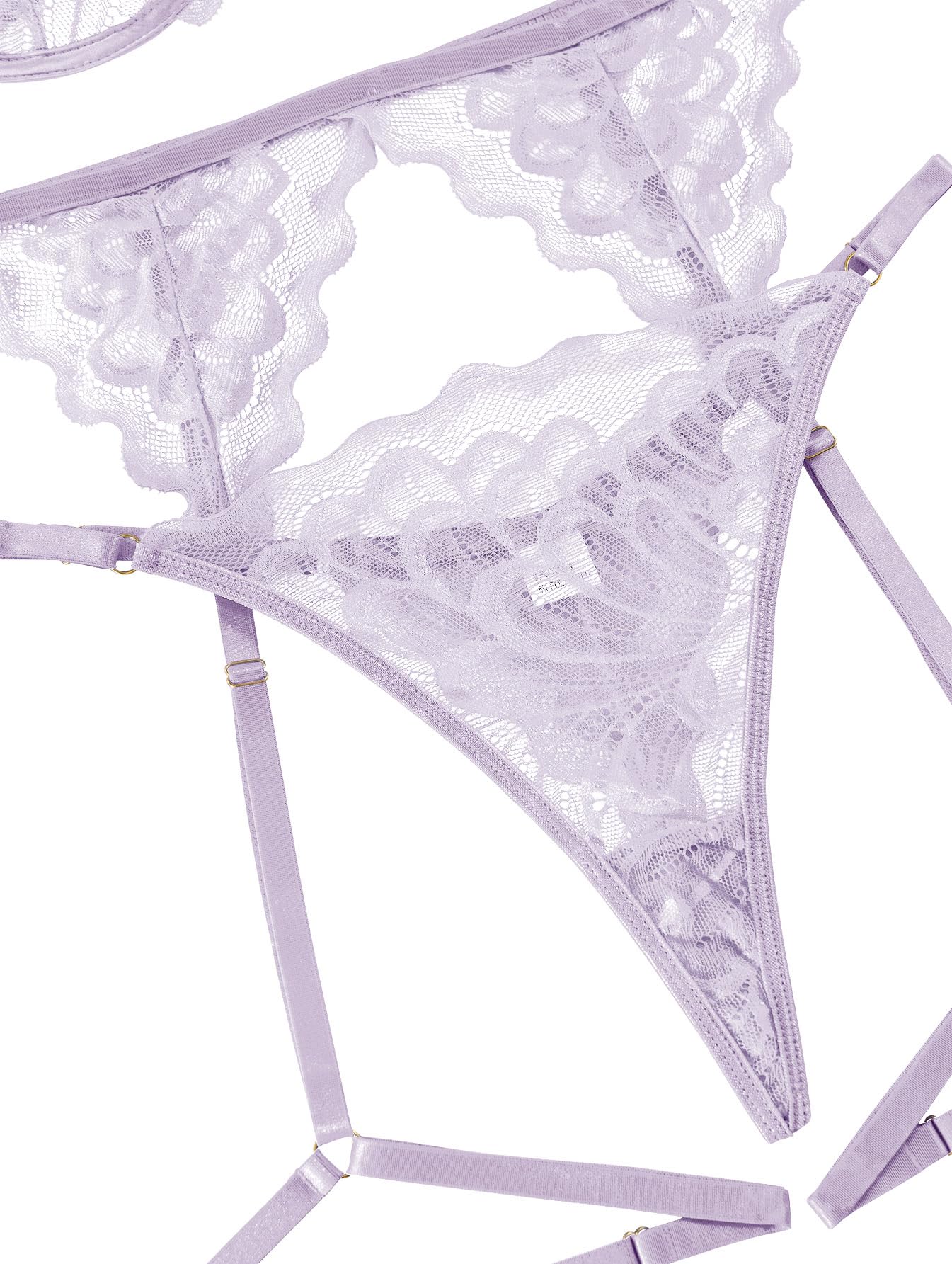 Lilosy Sexy Choker Floral Lace Underwire Push Up Garter Belt Lingerie Set for Women Sheer Bra and Panty 3 Piece: Medium Lavender Purple