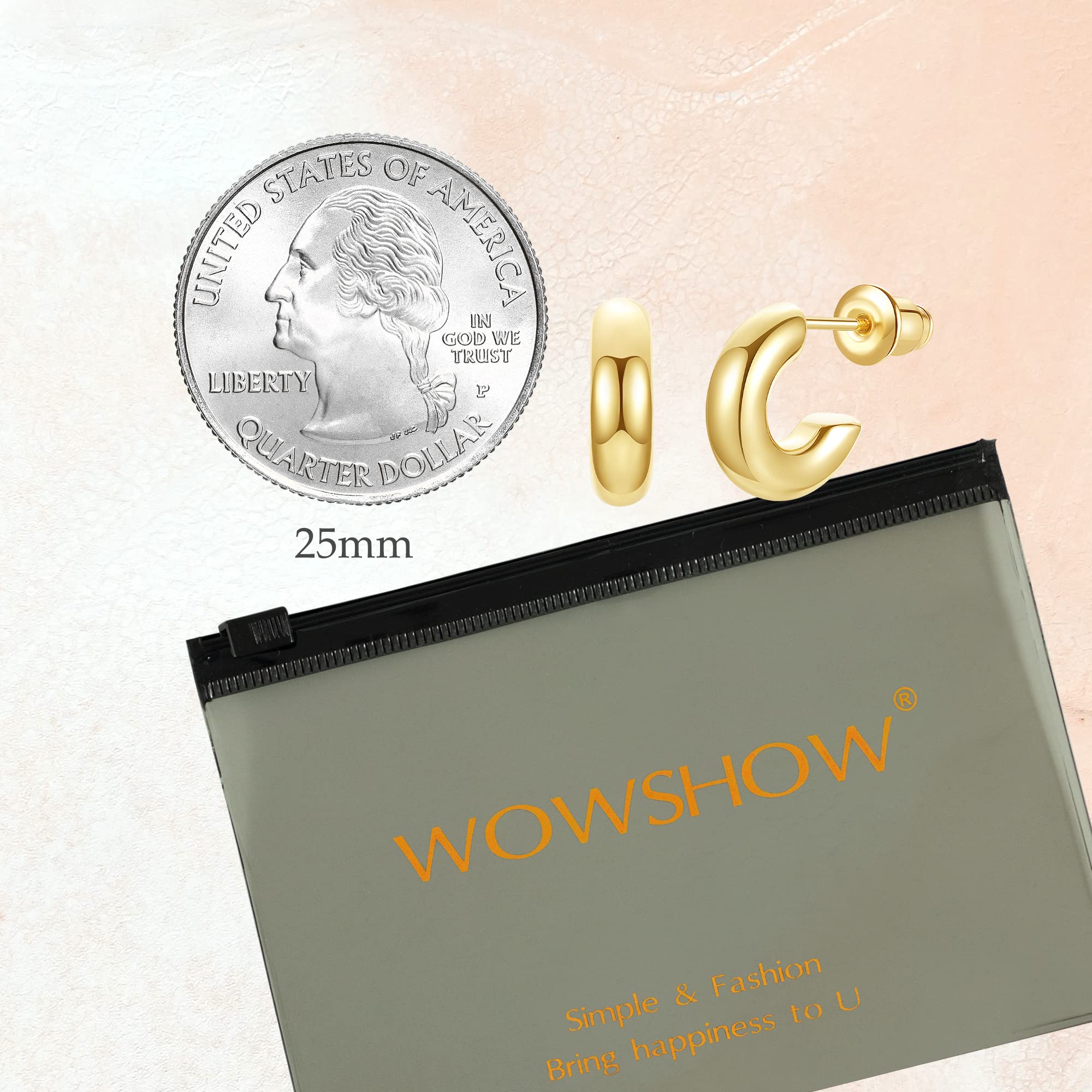 Wowshow Small Gold Hoop Earrings for Women Chunky Mini Thick Gold Hoops 14K Plated Gift thumbnail 6