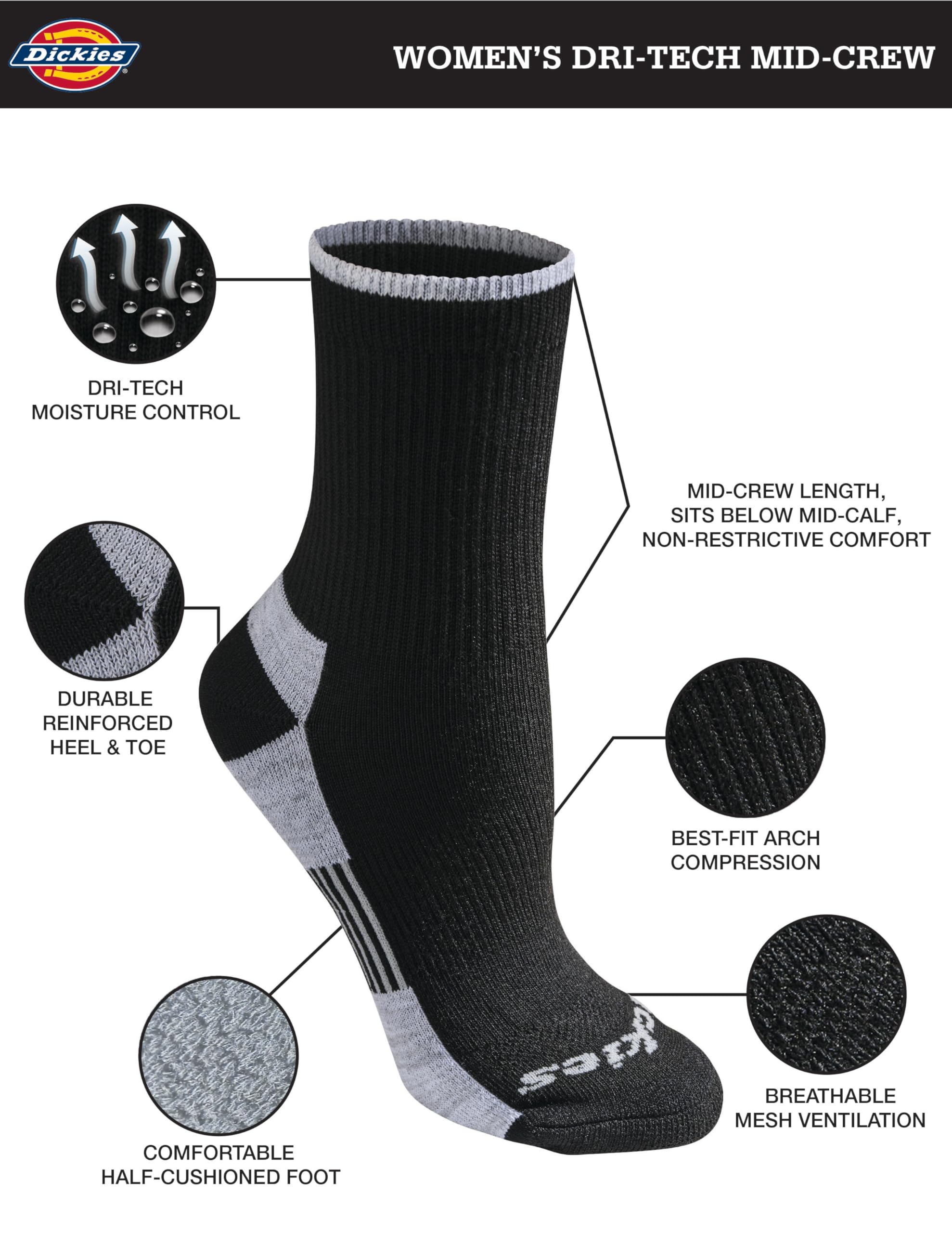 Dickies Women's Dri-tech Advanced Moisture Wicking Mid-Crew Socks, Available in M-l (6,12 Pairs)