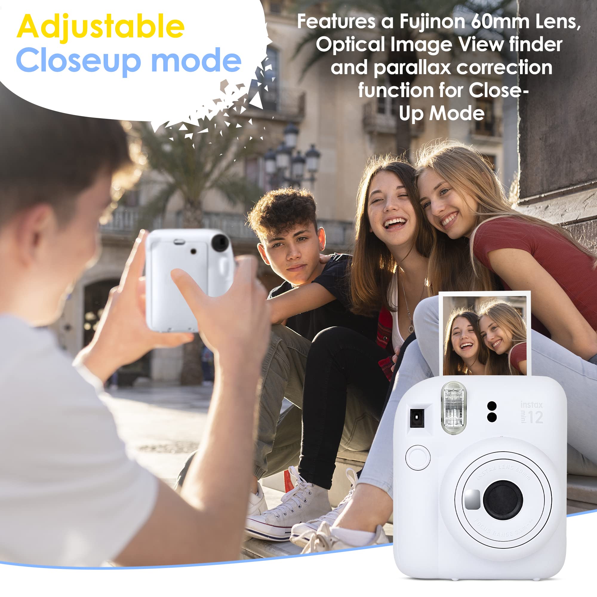Fujifilm Instax Mini 12 Camera with Fujifilm Instant Mini Film (60 Sheets) Bundle with Deals Number One Accessories Including Carrying Case, Photo Album, Stickers (): Clay White