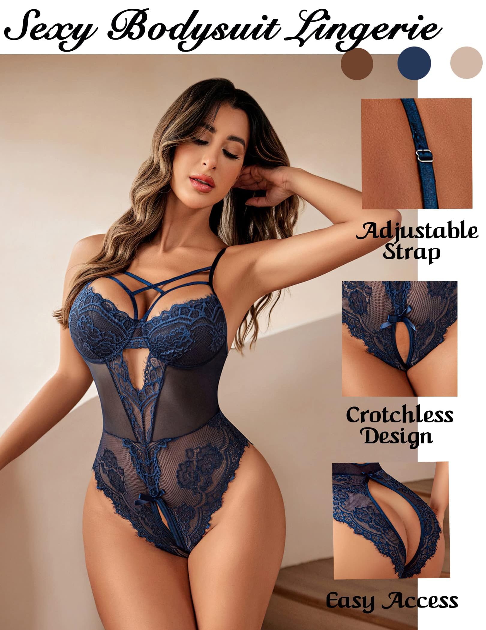 Avidlove Women Lingerie Floral Lace Harness Lingerie Bodysuit One Piece Teddy Babydoll Nightgown: Navy Blue Large