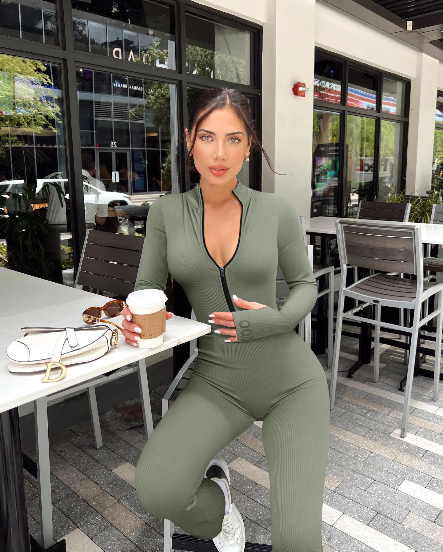 OQQ Women's Yoga Jumpsuits Ribbed Long Sleeve Zip Front Sport Bell Bottoms Flare Jumpsuits Black