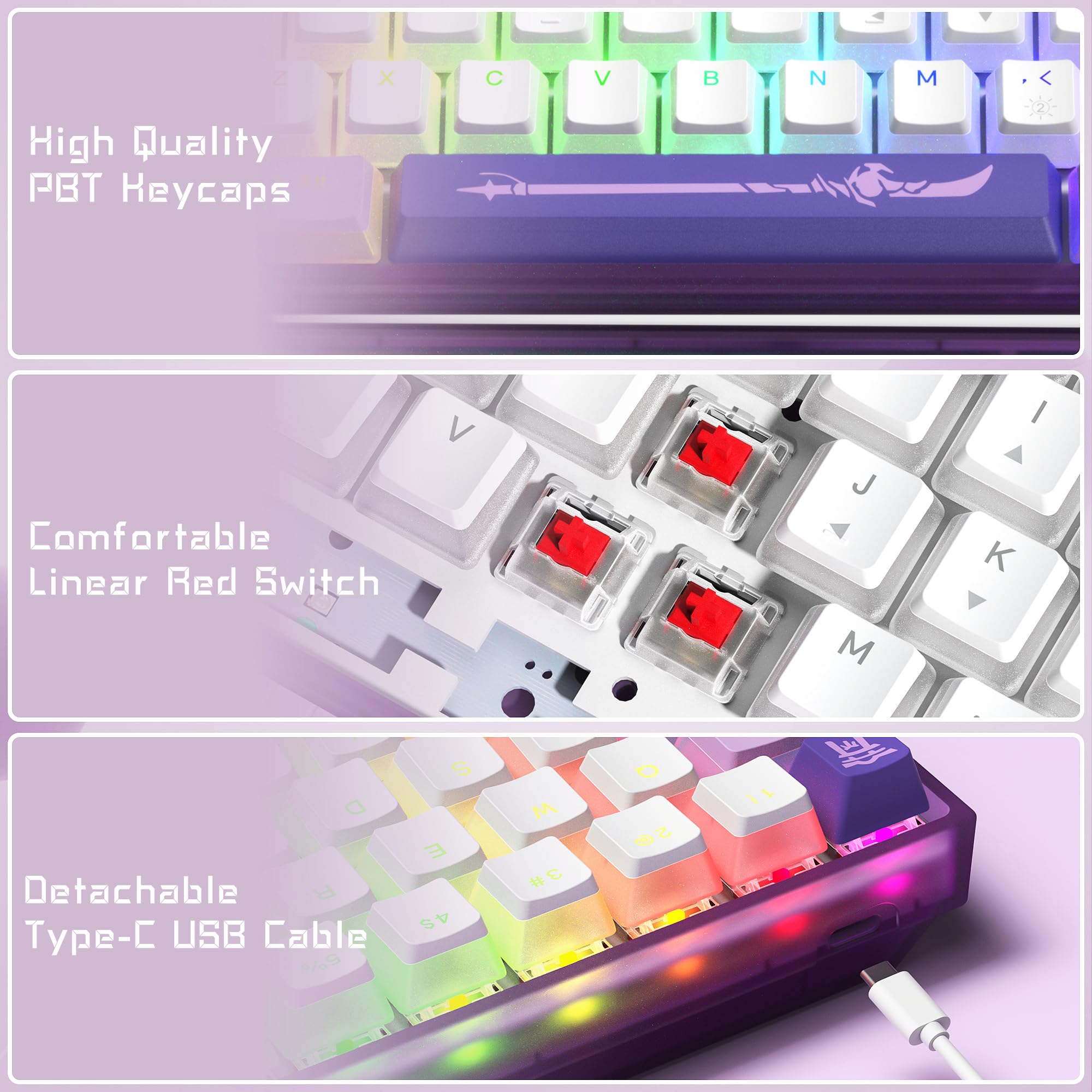 Womier 60% Percent Keyboard,WK61 Mechanical RGB Wired Gaming Keyboard,Hot-Swappable Creamy Key Board with PBT Keycaps,Linear Red Switch for Windows/MAC (): Purple