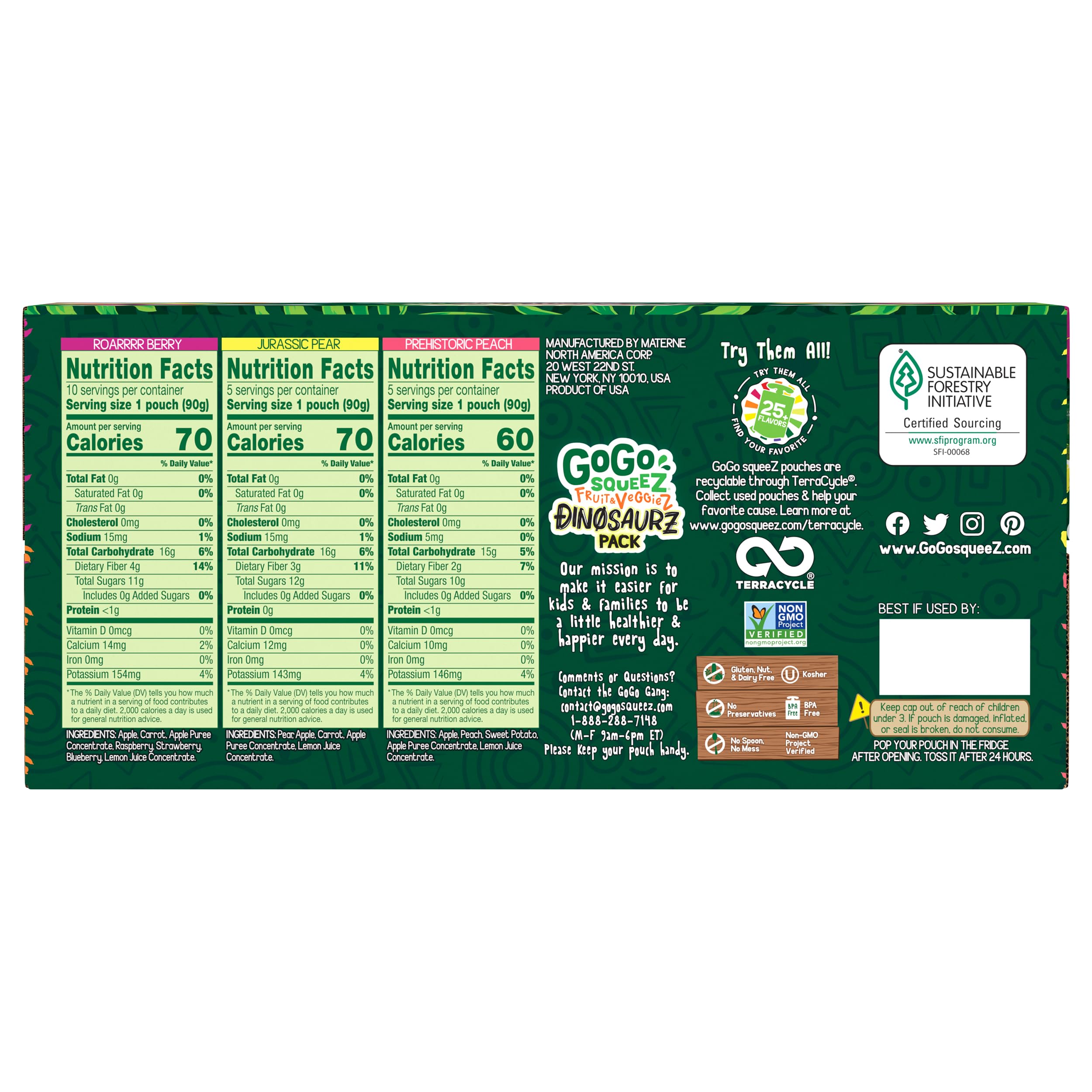 GoGo squeeZ Fruit & veggieZ Applesauce and Puree Variety Pack, Jurassic Pear, Roarrrr Berry & Prehistoric Peach, 3.2 oz (Pack of 20), Unsweetened Snacks for Kids, BPA Free Pouches: Dino Variety Pack