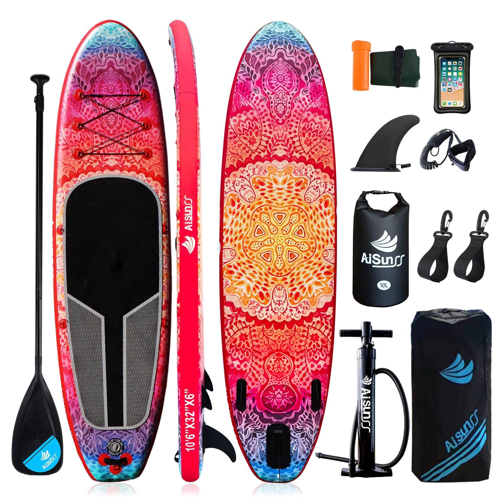 AISUNSS Inflatable Paddle Board for Adult, Paddle Board for All Skill Levels, Wide SUP Board with Primium Accessories Include SUP Carry Bag, Hand Pump, 10L Waterproof Bag and Adj Paddle: Red Meditation