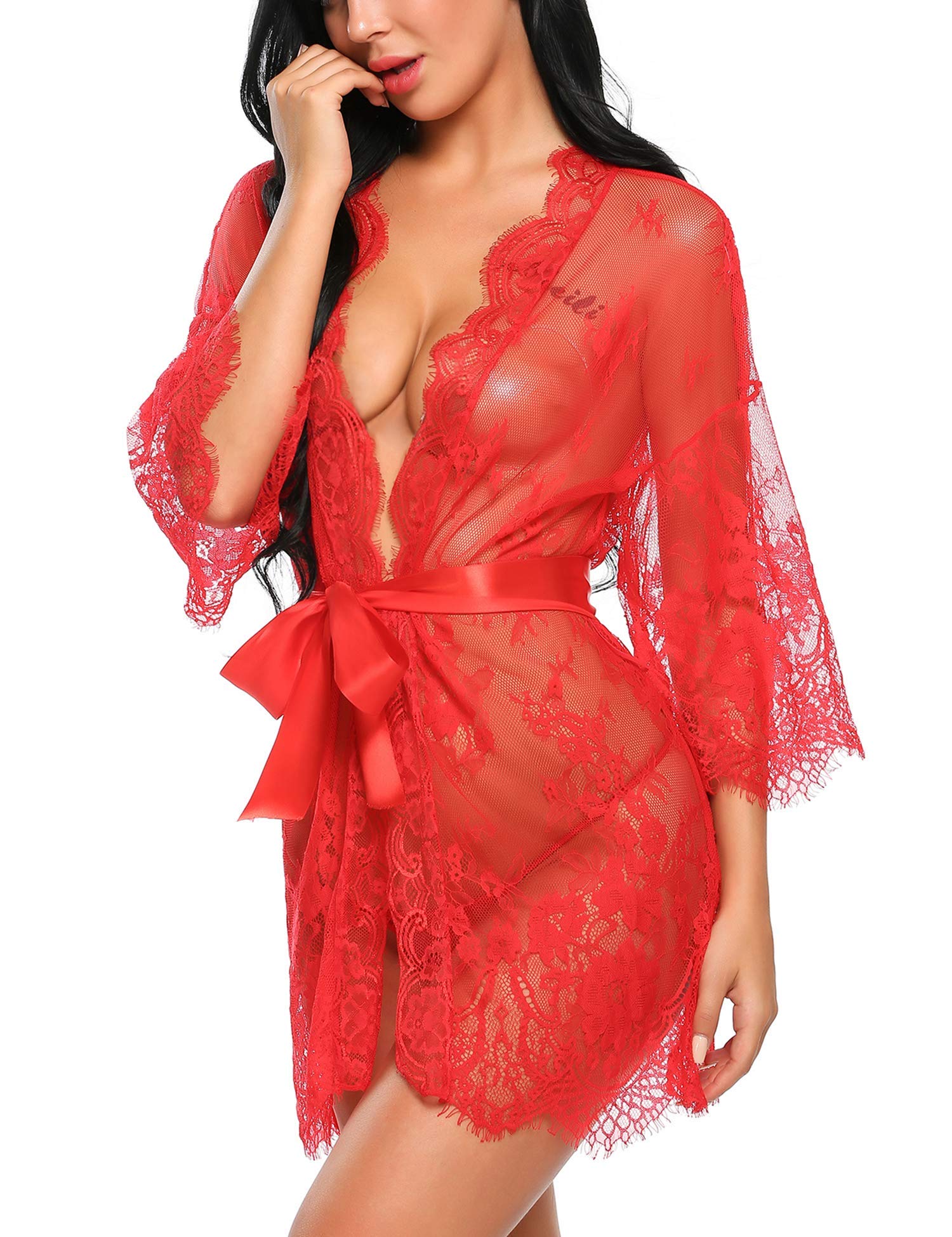 Avidlove Women's Lace Kimono Robe Babydoll Lingerie Mesh Nightgown S-5XL: Red Small