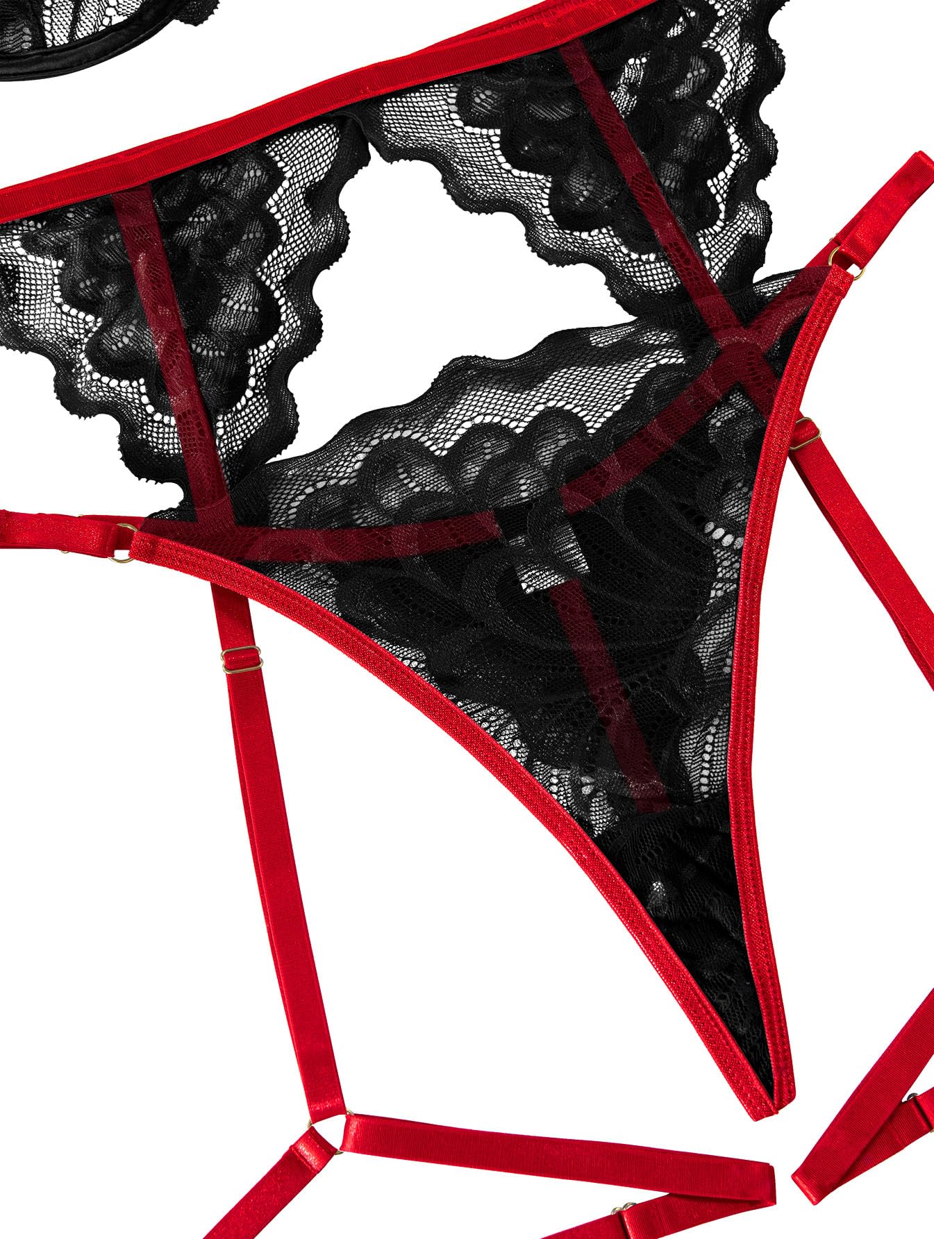 Lilosy Sexy Choker Floral Lace Underwire Push Up Garter Belt Lingerie Set for Women Sheer Bra and Panty 3 Piece: Small Black Red
