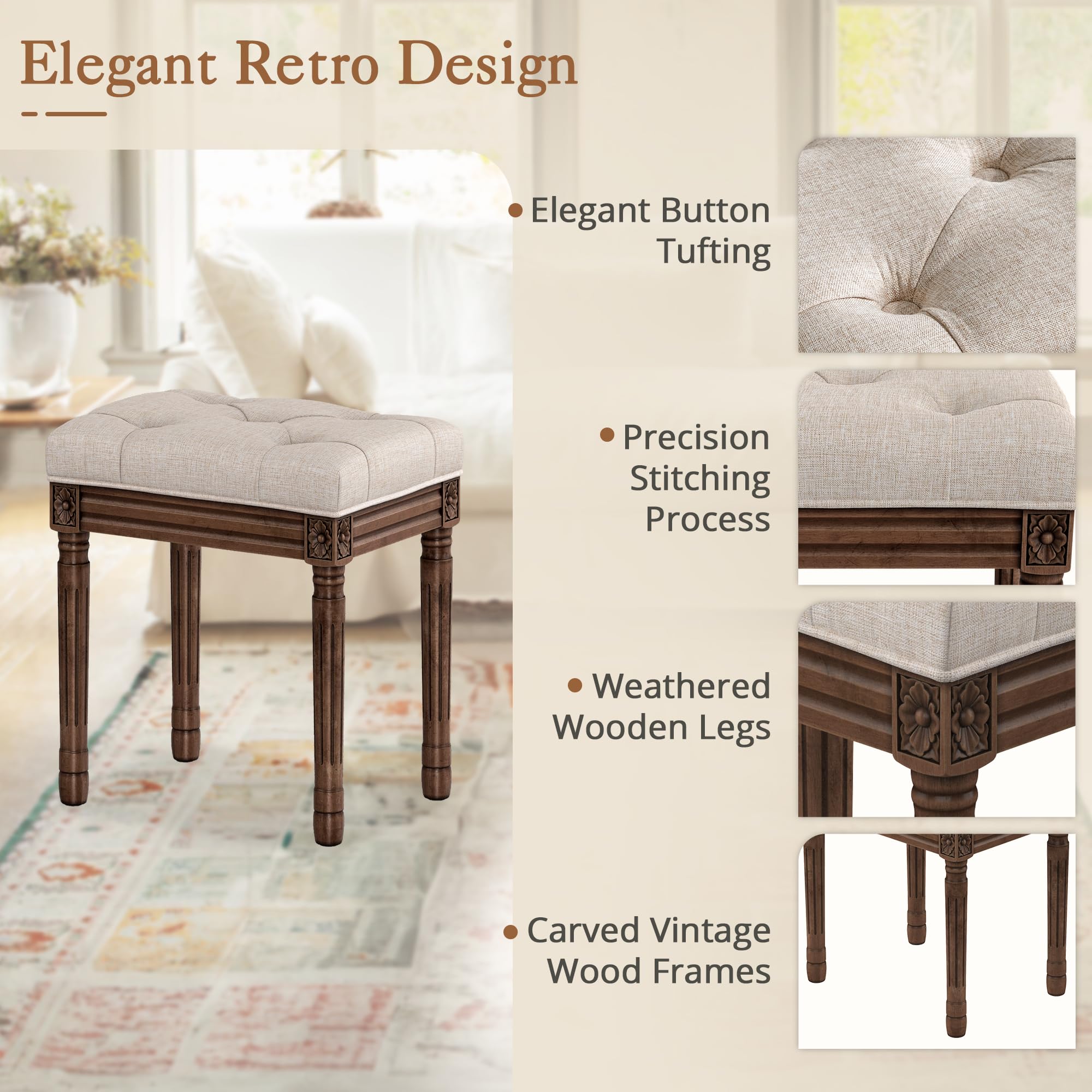 LUE BONA Upholstered Fabric Vanity Bench Seat, Makeup Stools for Vanity, Square Tufted Ottoman Bench with Carved Wood Color Legs for Bedroom Living Room, Beige: Linen Color-dark Brown
