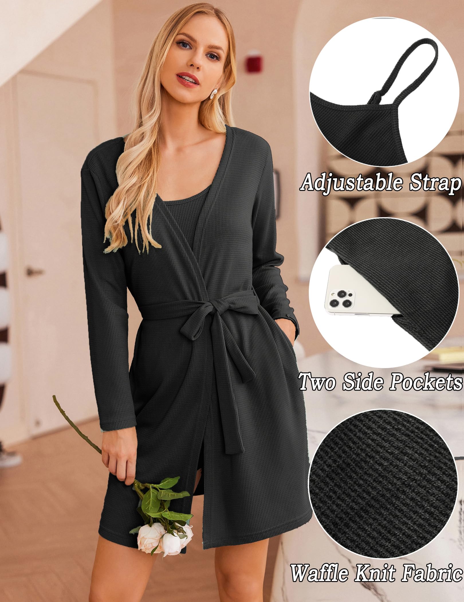 Ekouaer Womens 3 Piece Waffle Knit Lounge Set Soft Pajama Sets Tank Top and Shorts Cardigan with Pockets S-XXL: X-Large Black-xl