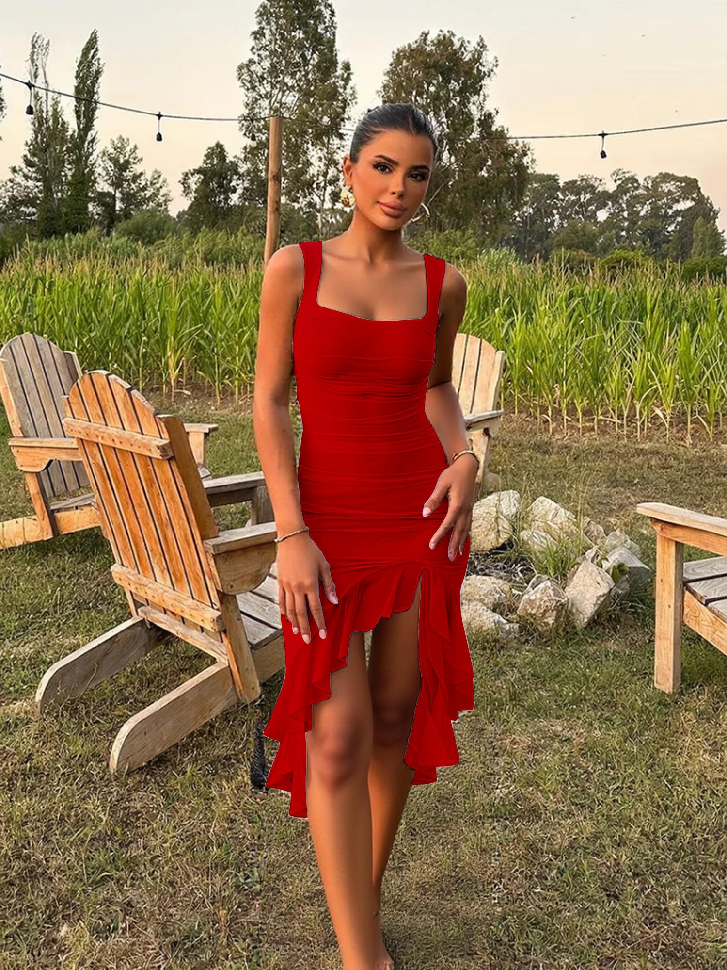 BORIFLORS Women's Sexy Ruched Bodycon Midi Dresses Square Neck Sleeveless Ruffle Hem Club Party Tank Dress: Small Red