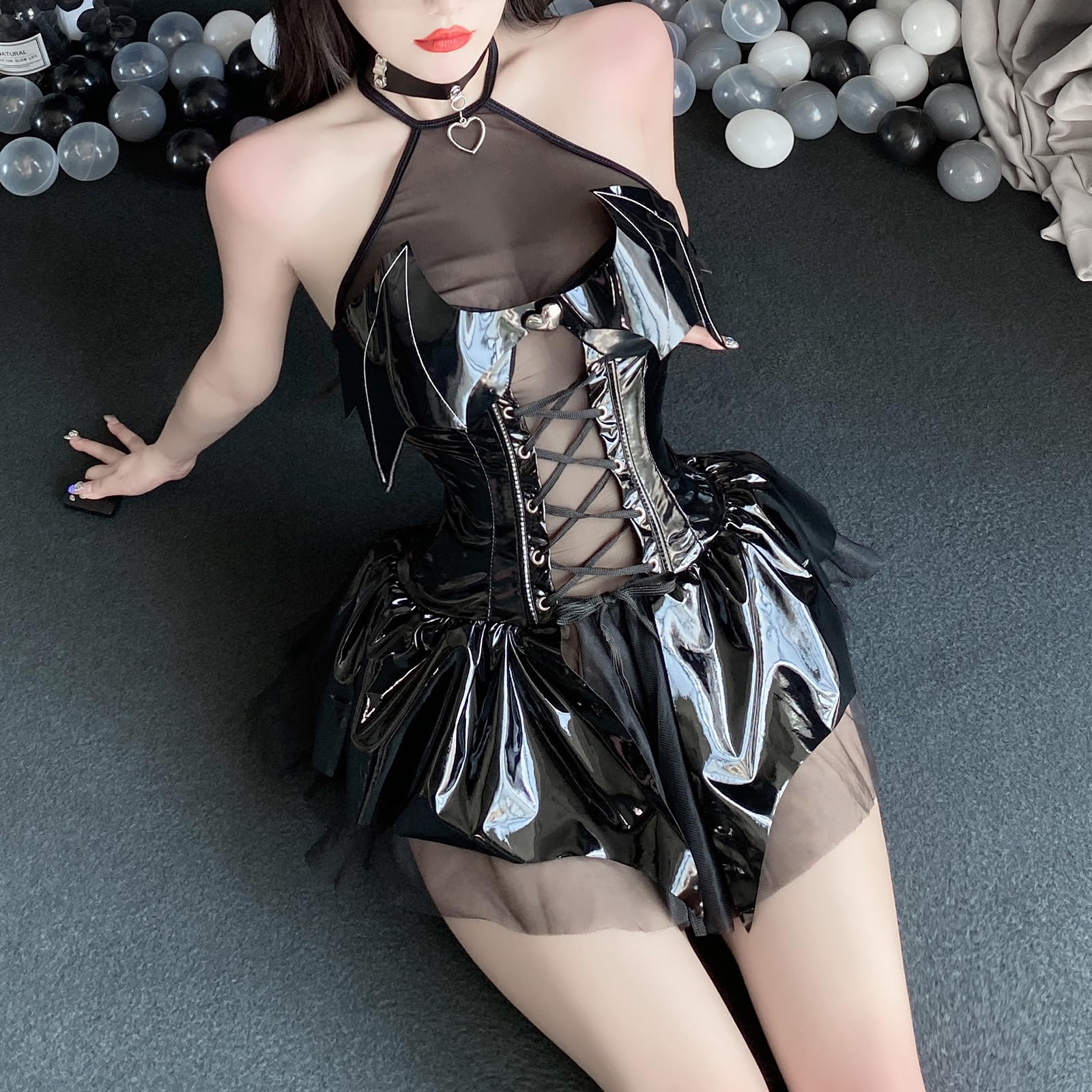 mzenuop Leather Bodysuit for Women Cute Anime Costumes Strap-On Bat Imp Skirt Set.: Black Small/Medium