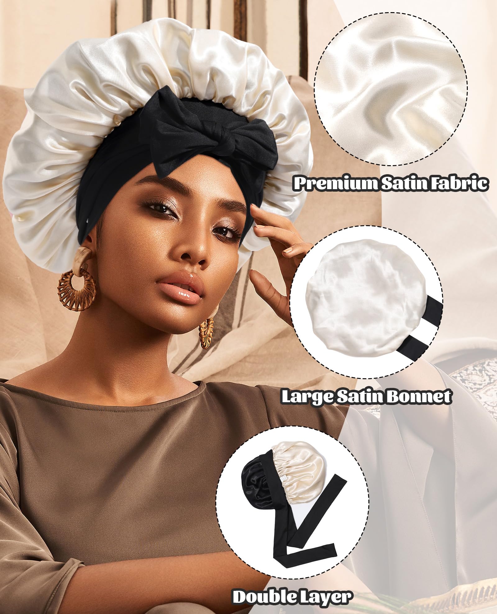 Satin Bonnet Silk Bonnet for Sleeping Silk Sleep Cap Double Layer Hair Bonnet with Elastic Tie Band for Curly Hair Night Cap (Black stars and moon+Black) thumbnail 5