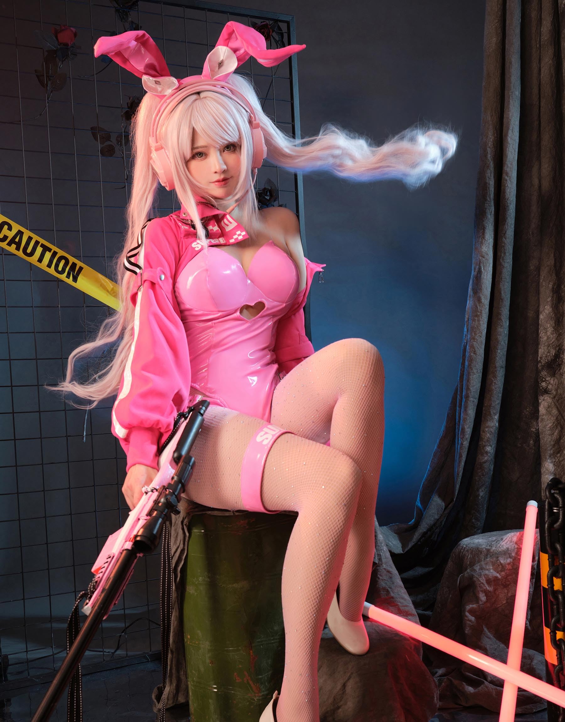 Mobbunny Anime Derivative Bunny Cosplay Costume With Jacket Headband Fishnet Stockings Bunny Bodysuit: Small