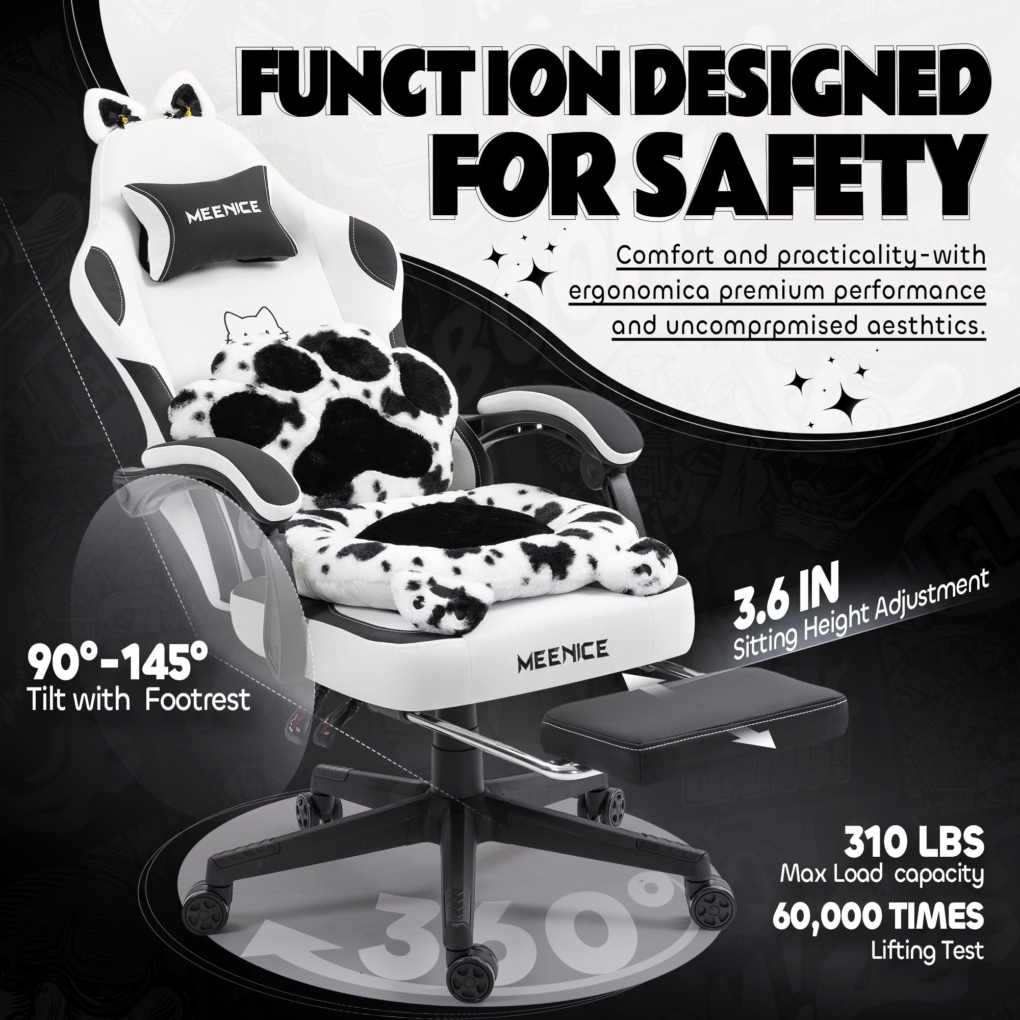 Pink Gaming Chair Cute with Cat Ears Paw Lumbar and Cushion,Ergonomic Computer Chair with Footrest,Reclining PC Game Chair for Girl Computer Chair 300lbs for Adult thumbnail 6