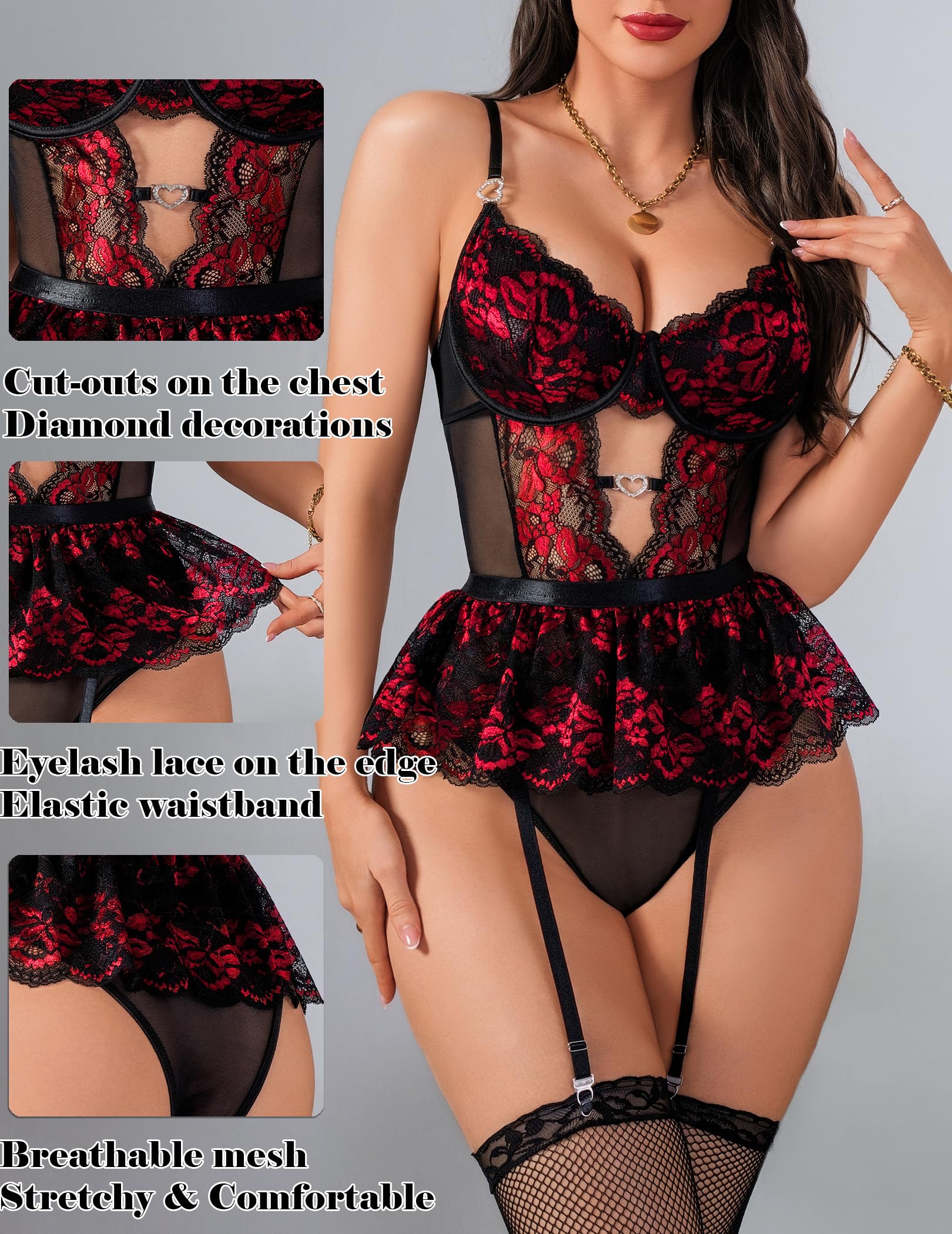 Alrovetoney Women Lingerie Set Naughty Lace Bodysuit High Waisted Underwire Lingerie Babydoll With Garter Belt and Stockings