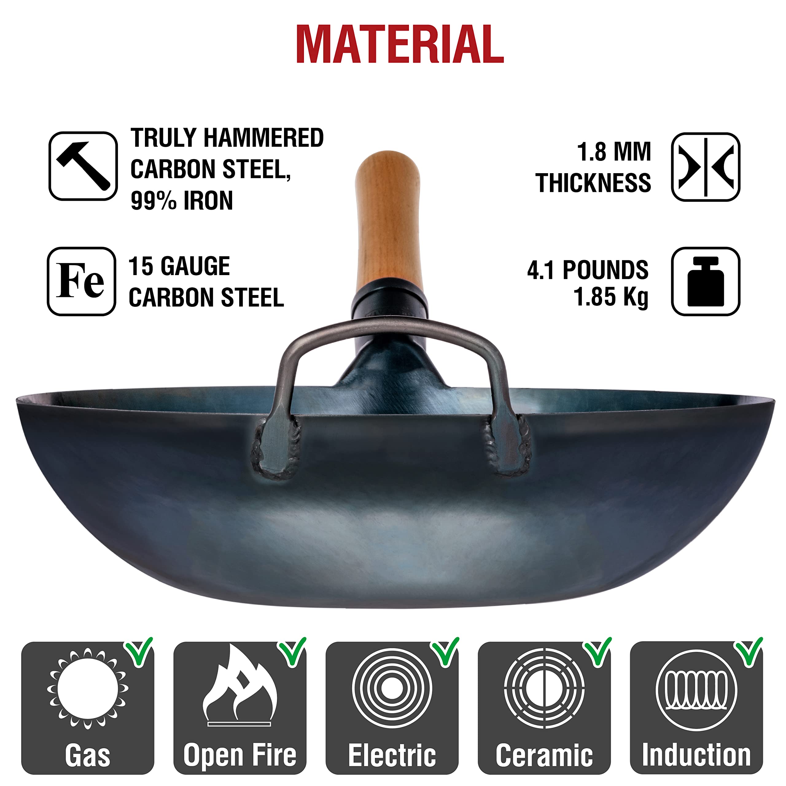 YOSUKATA 14” Round Bottom Carbon Steel Wok Pan – Blue Pre-Seasoned Pow Wok for Stir Fry, BBQ, Grill & Camping – Traditional Japanese & Chinese Cookware – Compatible with Gas Stoves & Open Fire Only: 13.5" Blue