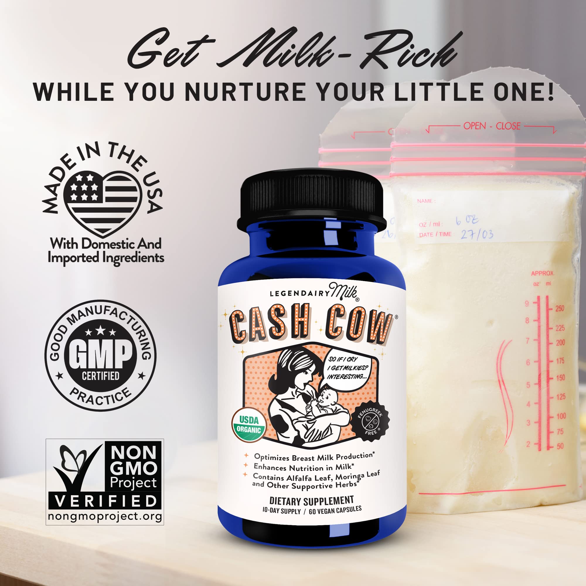 Legendairy Milk Cash Cow Lactation Supplement, Moringa, Alfalfa, and Goat's Rue Breastfeeding Supplement for Milk Supply Increase, Fenugreek-Free, Certified Organic, Vegan, Non-GMO, 60 Capsules thumbnail 2