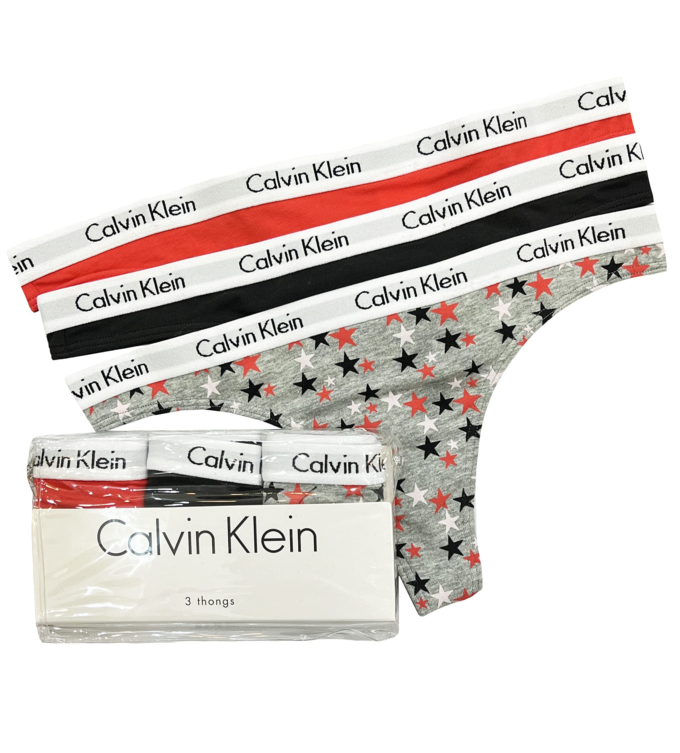 Calvin Klein Women's Carousel Logo Cotton Stretch Thong Panties, 3 Pack: Tomato/Twinkle/Grey Heather/Black X-Large