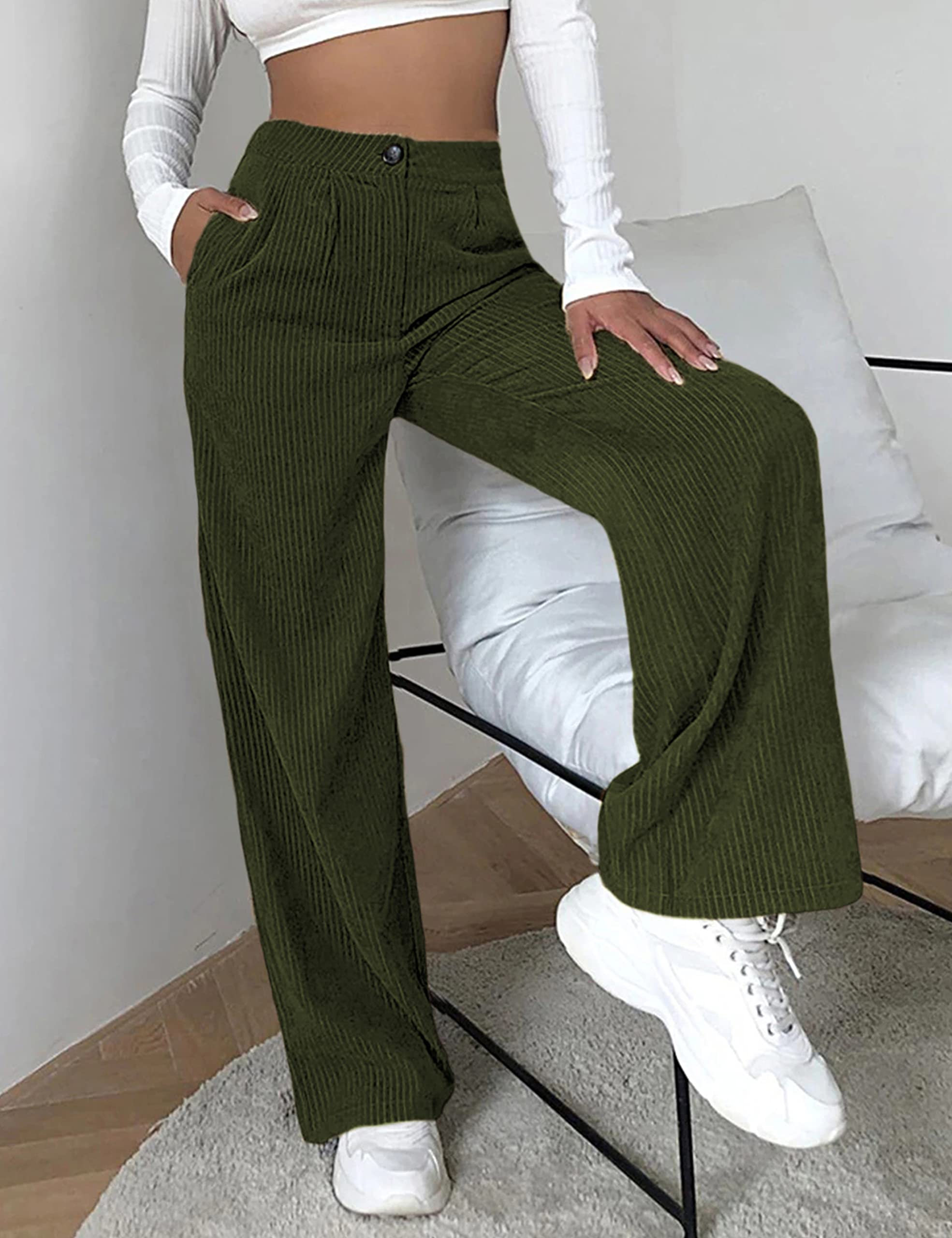 Himosyber Corduroy Pants for Women Casual Elastic High Waist Stretchy Wide Leg Pants Loose Fit Comfy Trousers with Pockets thumbnail 2