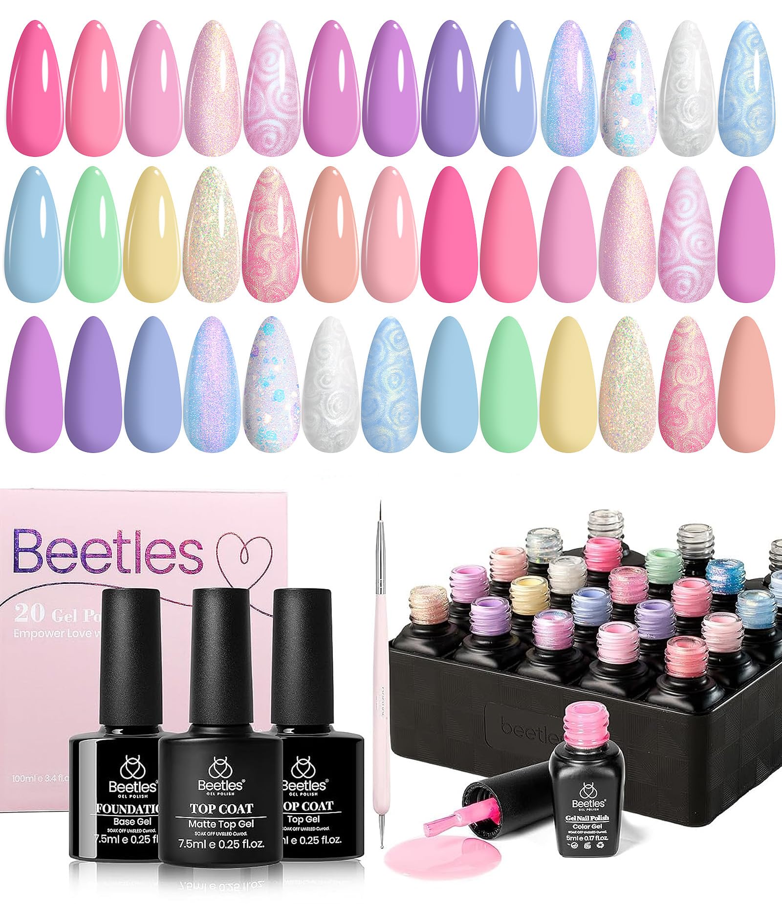 beetles Gel Polish Set Summer Gel Nail Polish Kit Pastel 36 Pcs 32 Colors with Base Top Coat Hot Pink Green Black White Burgundy Red Blue Purple Gifts for Women Fingertip Palette: 0 -20 Colors Dreamland Unicorn