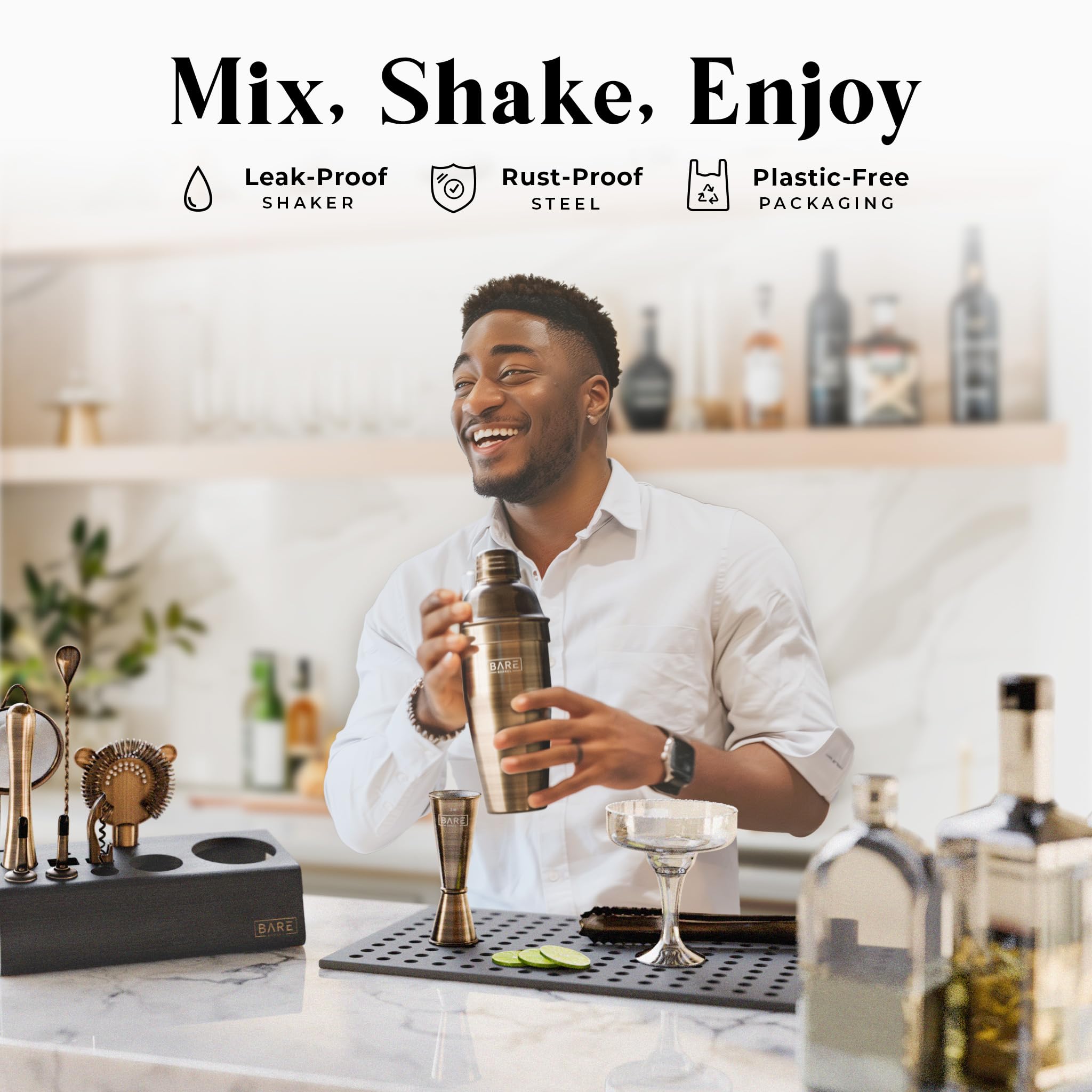 BARE BARREL® Mixology Bartender Kit Bar Set | 14-Piece Cocktail Shaker Set | Martini Barware Mixing Tools for Home Bartending | Incl. 35 Recipe Cards | Gift Set (24oz Cobbler Shaker, Brass/Black)