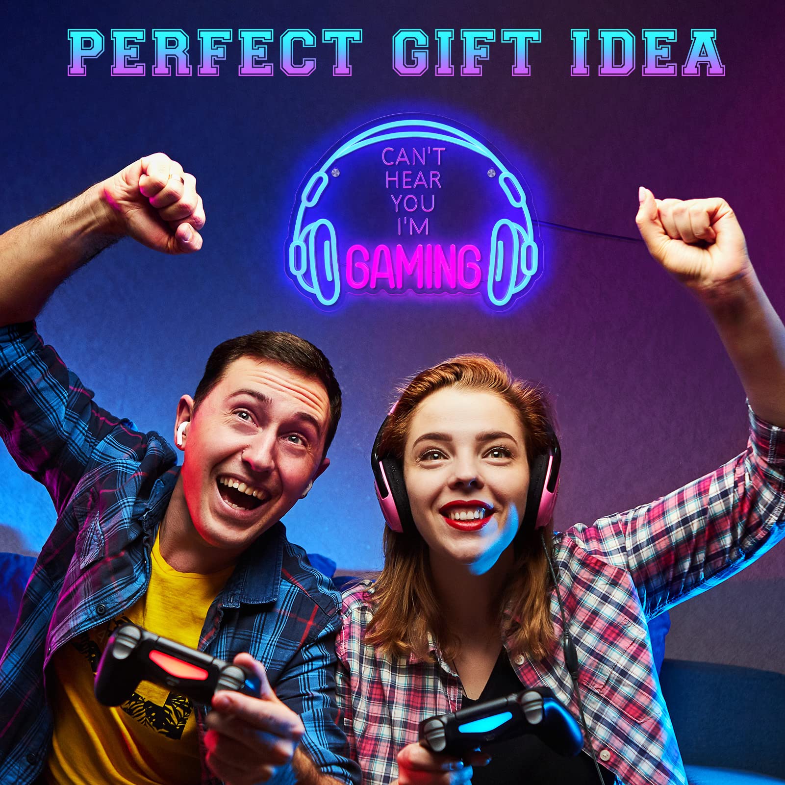 Gaming Neon Sign, Large Bright and Dimmable Colored LED Headset Gamer Neon Light and USB Powered Headphone Lightup Game Signs for Game Zone Video Room Boy Bedroom Wall Decor (): Can't Hear You I'm Gaming