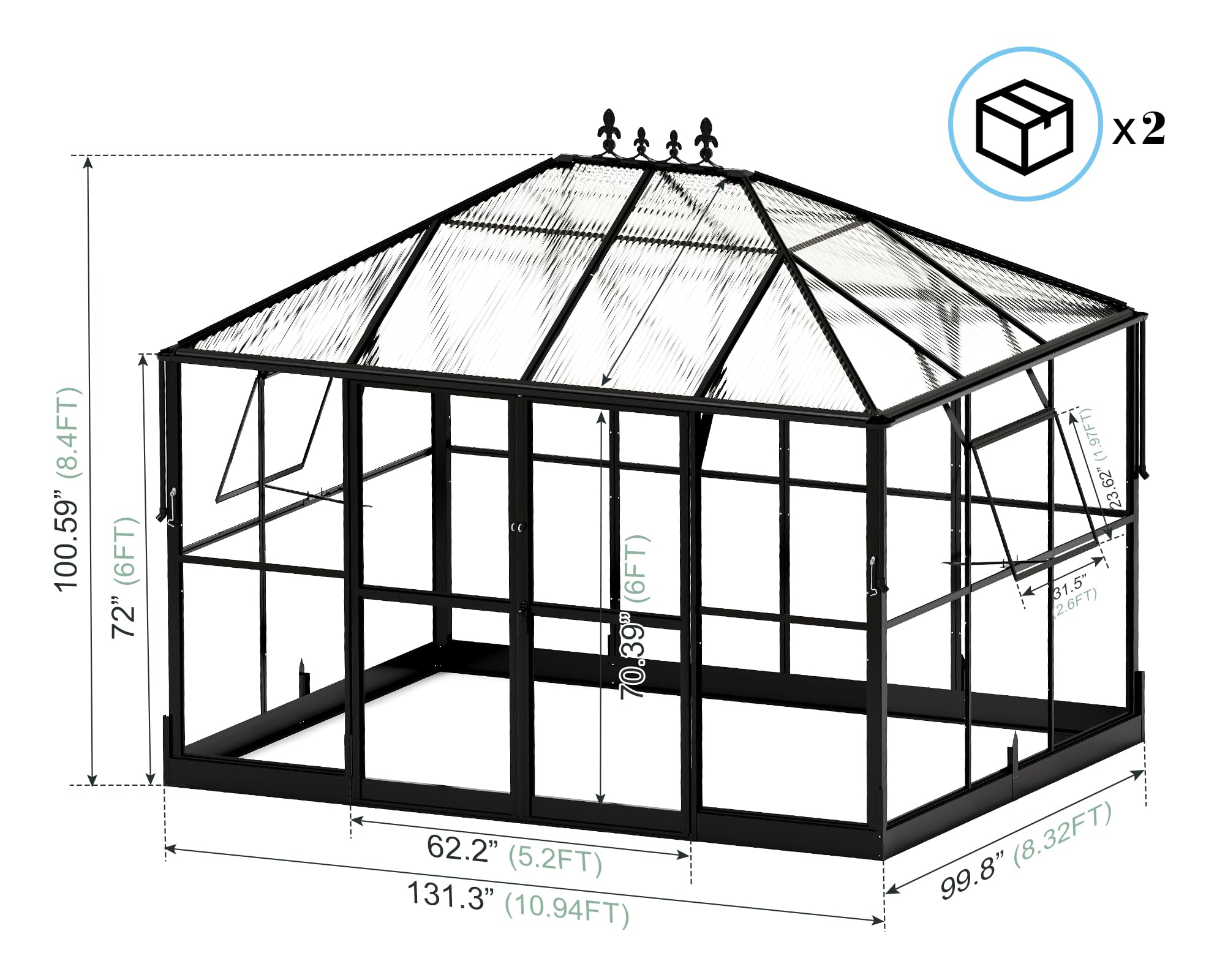 Jocisland 16x12x9.5 FT Polycarbonate Greenhouse- 6 FT Wall Height Outdoor Aluminum Greenhouses with 2 Ventilation and Rain Gutter, Double Doors with Hook, Walk-in Greenhouse for Backyard Garden: Jocisland 11x8.3x8.6 FT Polycarbonate Greenhouse with Clear Panels- 6 FT Wall Height Outdoor Aluminum Greenhouses with 2 Vents, Double Doors with Hook, Walk-in Greenhouse for Backyard Garden