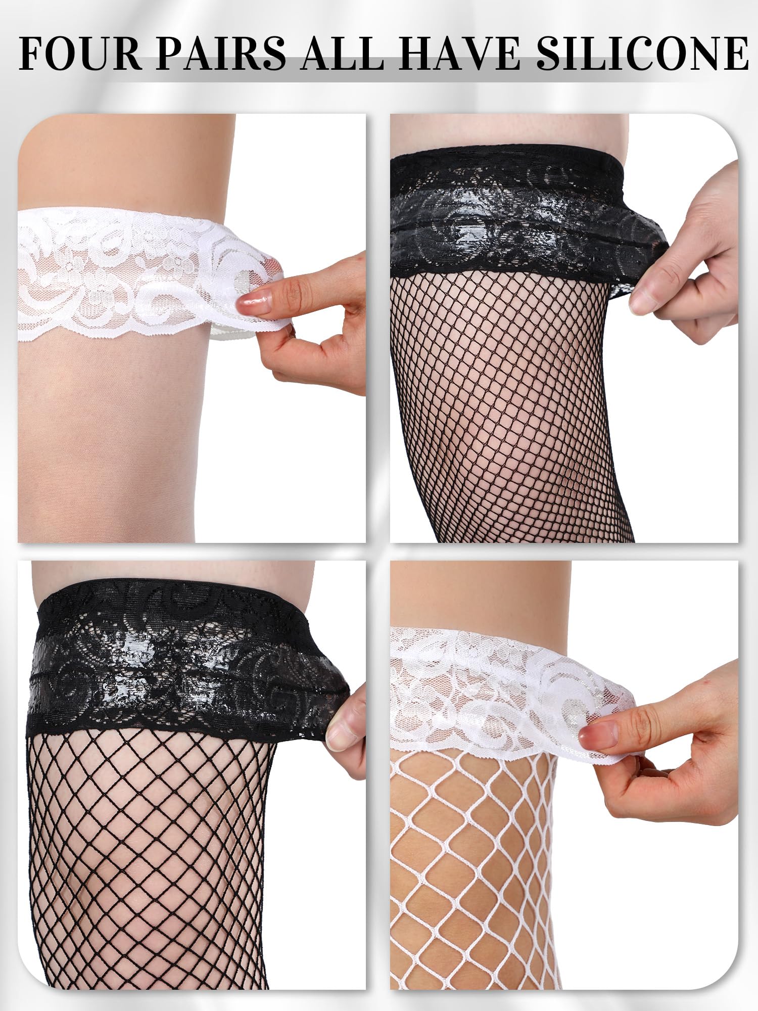 Bencailor 4 Pairs Fishnet Thigh High Stocking for Women Silicone Lace Top Sheer Over Knee Silky Stockings: White, Black Large