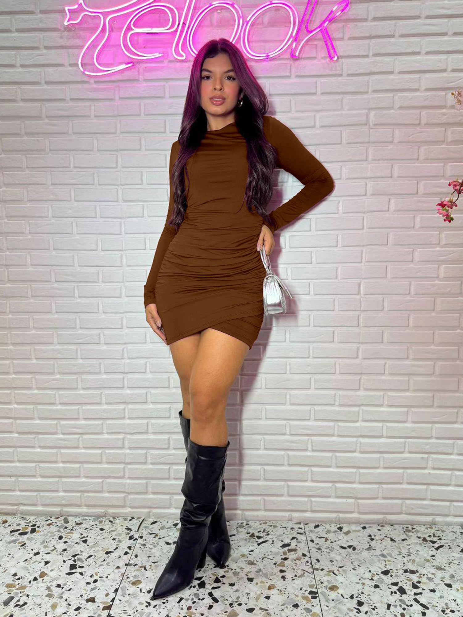 BORIFLORS Women's Sexy Wrap Front Long Sleeve Ruched Bodycon Mini Club Dress thumbnail 6