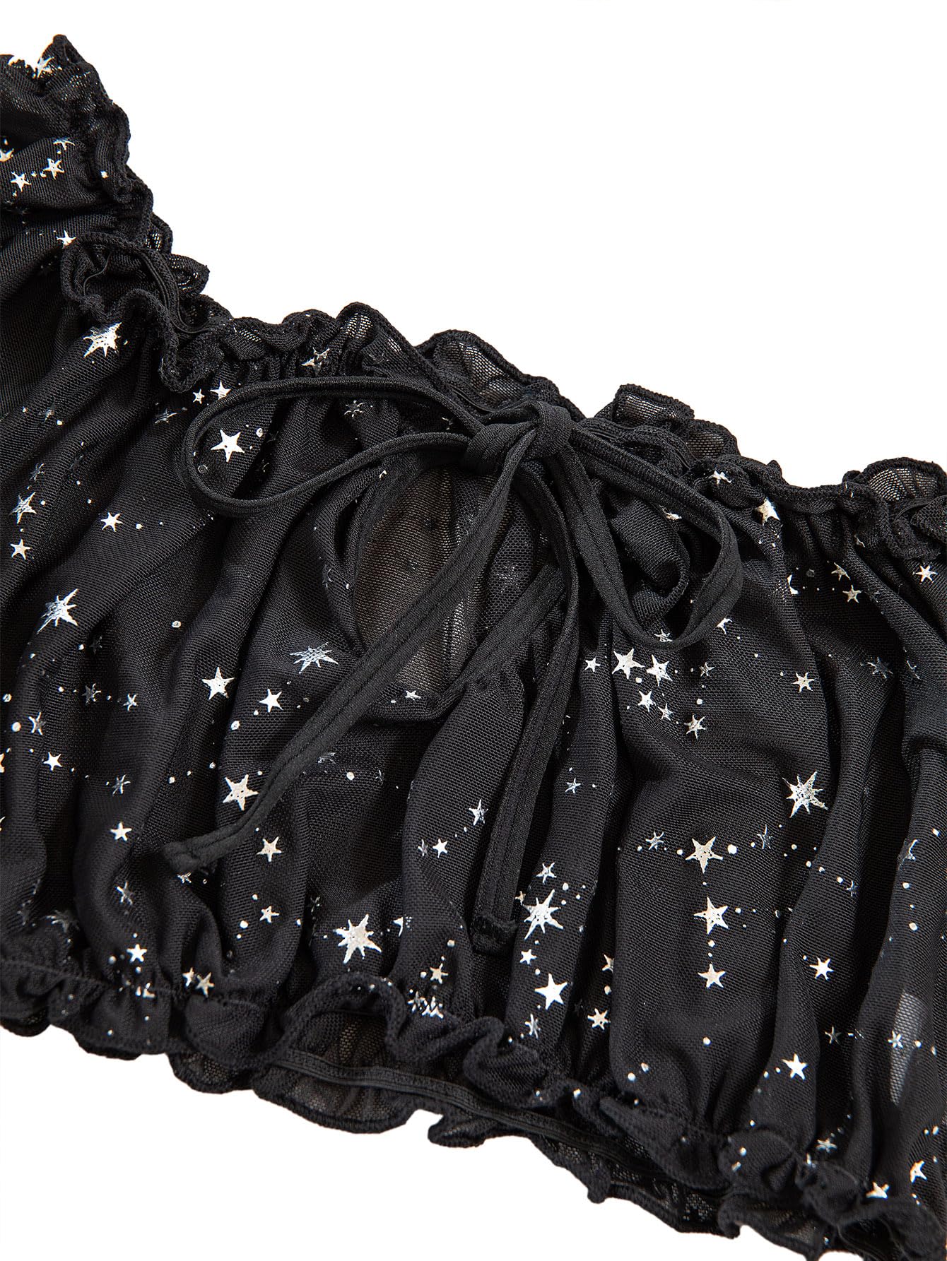 Lilosy Sexy Stretch Ruffle Tie Sheer Mesh Lingerie Set Outfits: X-Large Chiffon Star Black
