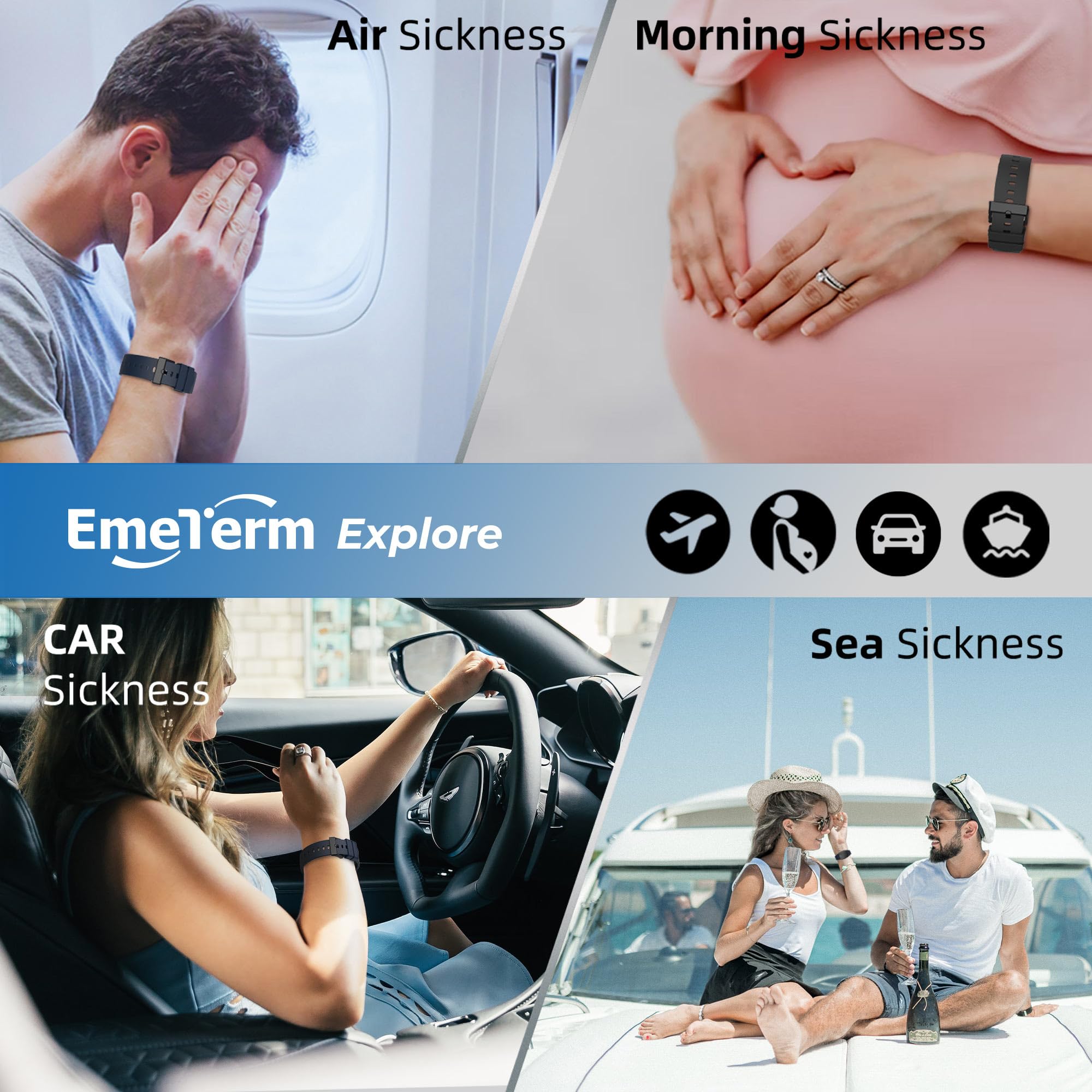 EmeTerm Explore FDA-Cleared Anti-Nausea Wristband IP67 Waterproof Morning Motion Sickness Relief Band Rechargeable Classic Strap Design Drug Free Non-drowsy Without Side Effects