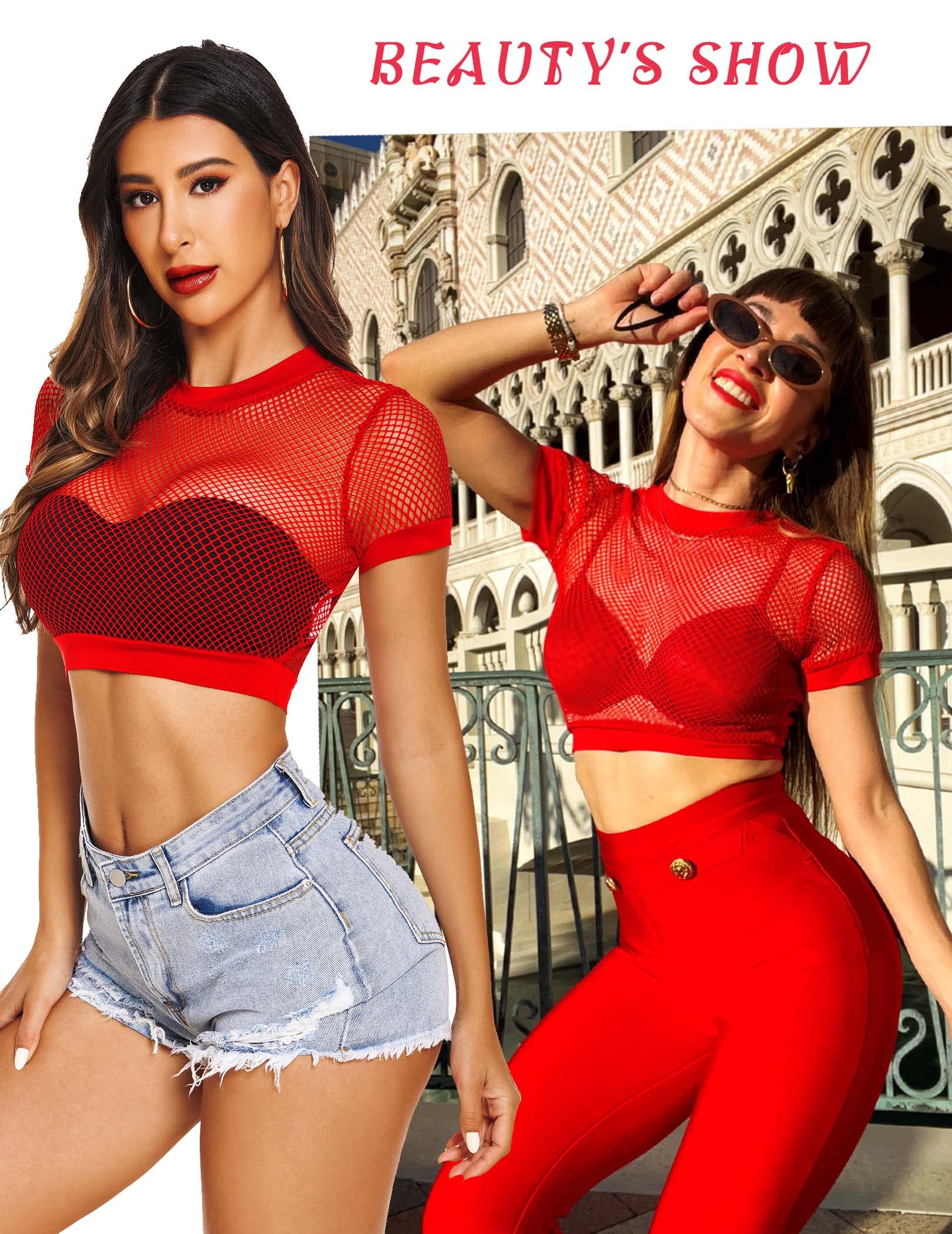 Avidlove Fishnet Crop Top for Women Y2K Short Sleeve See Through Shirt O Neck Pullover Blouse: Short Sleeve Medium Red