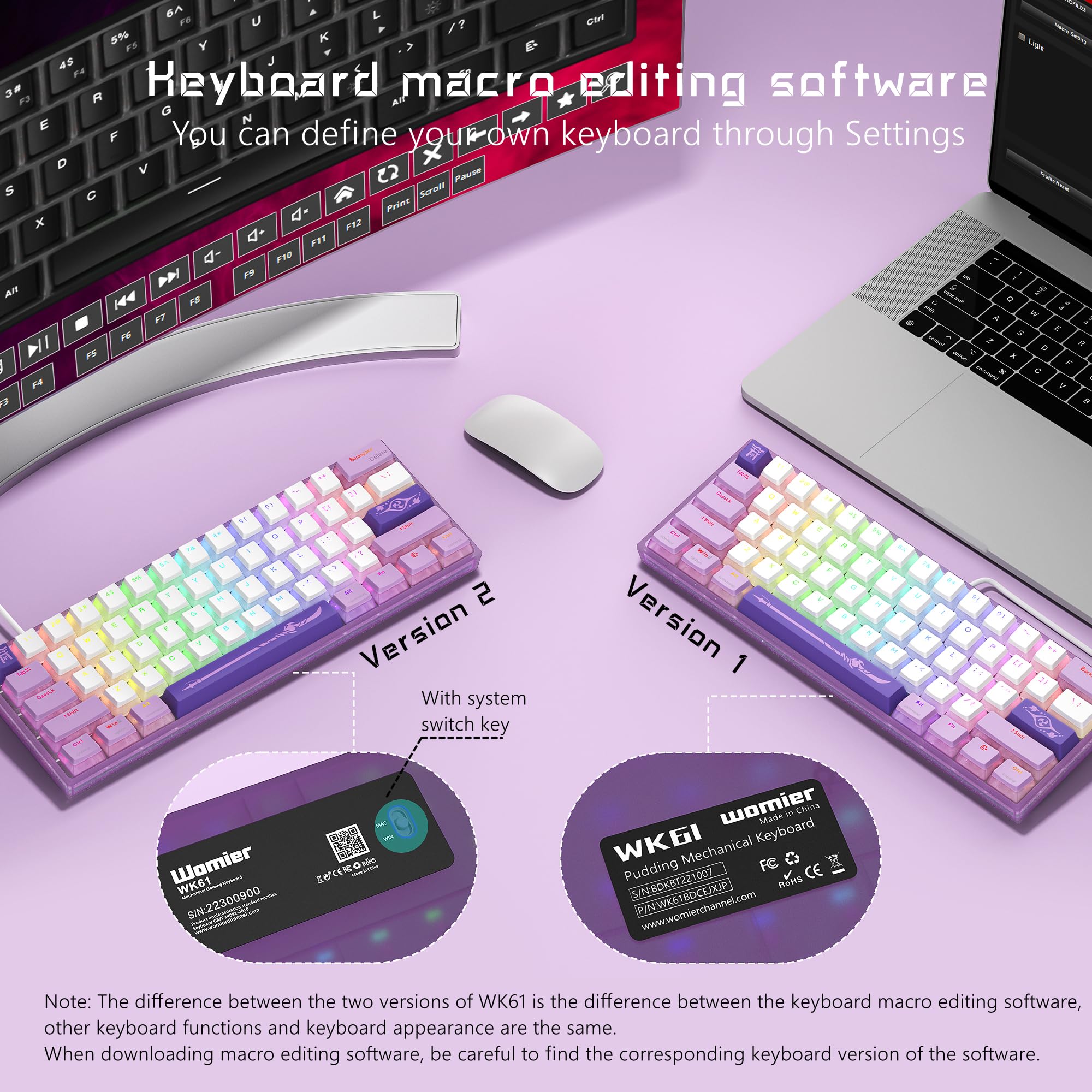 Womier 60% Percent Keyboard,WK61 Mechanical RGB Wired Gaming Keyboard,Hot-Swappable Creamy Key Board with PBT Keycaps,Linear Red Switch for Windows/MAC (): Purple