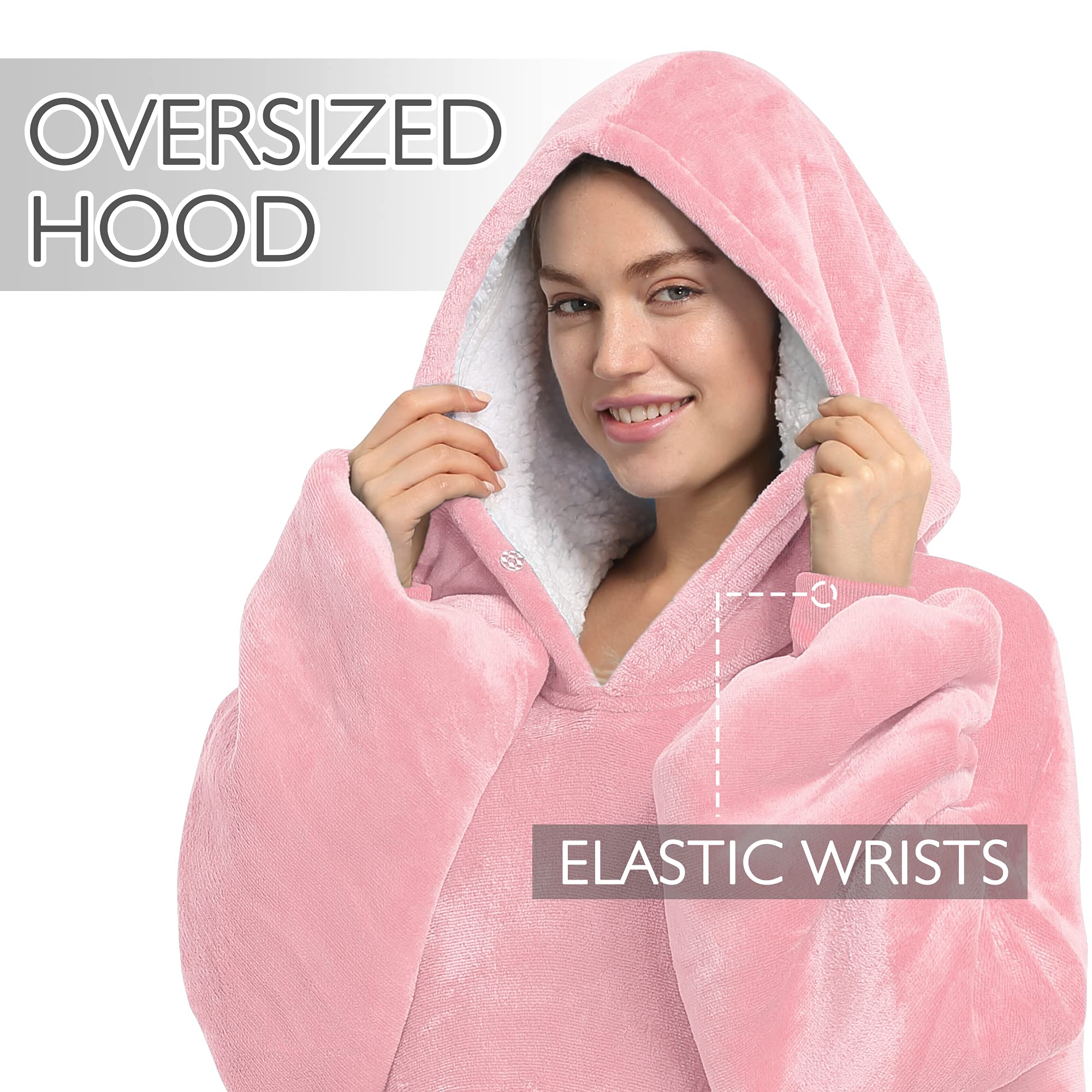 Catalonia Oversized Blanket Hoodie Sweatshirt, Wearable Sherpa Lounging Pullover for Adults Women Men: One Size Pink-extra Long
