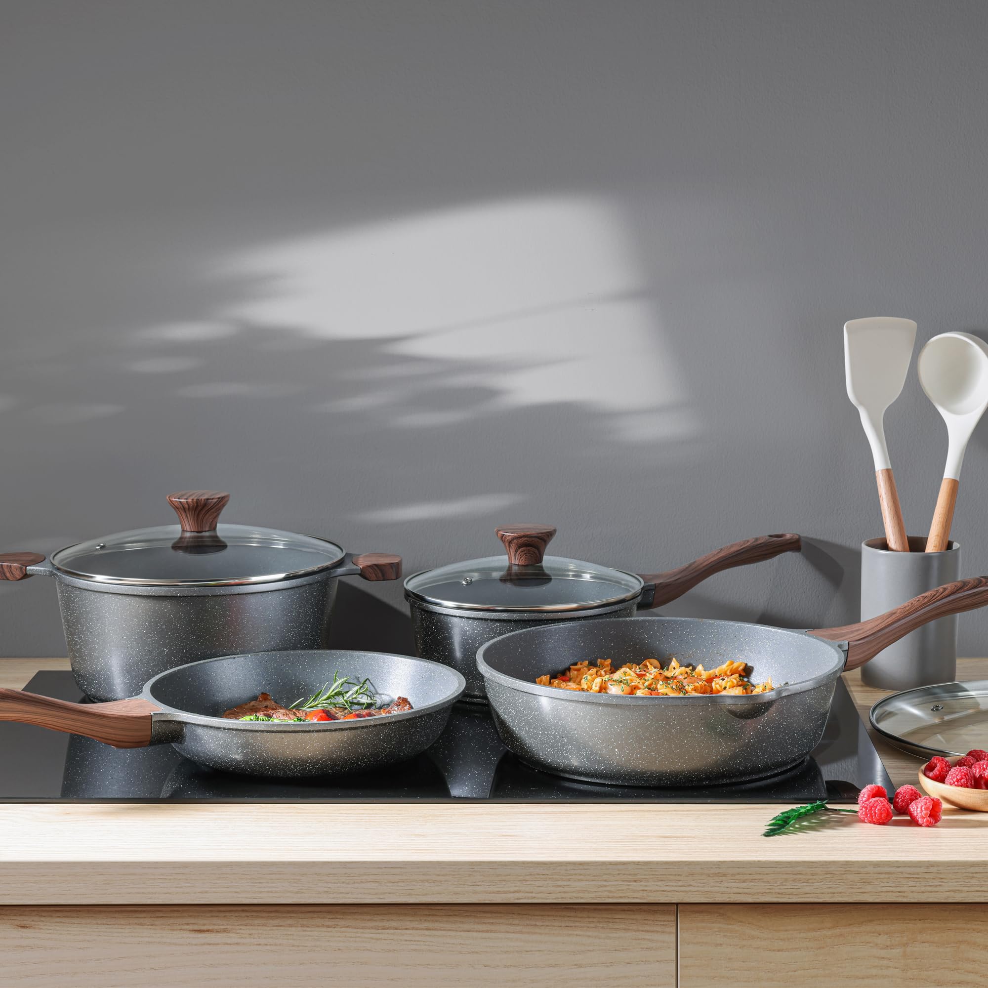 SENSARTE Nonstick Cookware Set 13-Piece, Non Stick Pots and Pans Set with Swiss Granite Coating, Healthy Kitchen Cooking Set, Stay-Cool Handles, PFOA Free: Gray