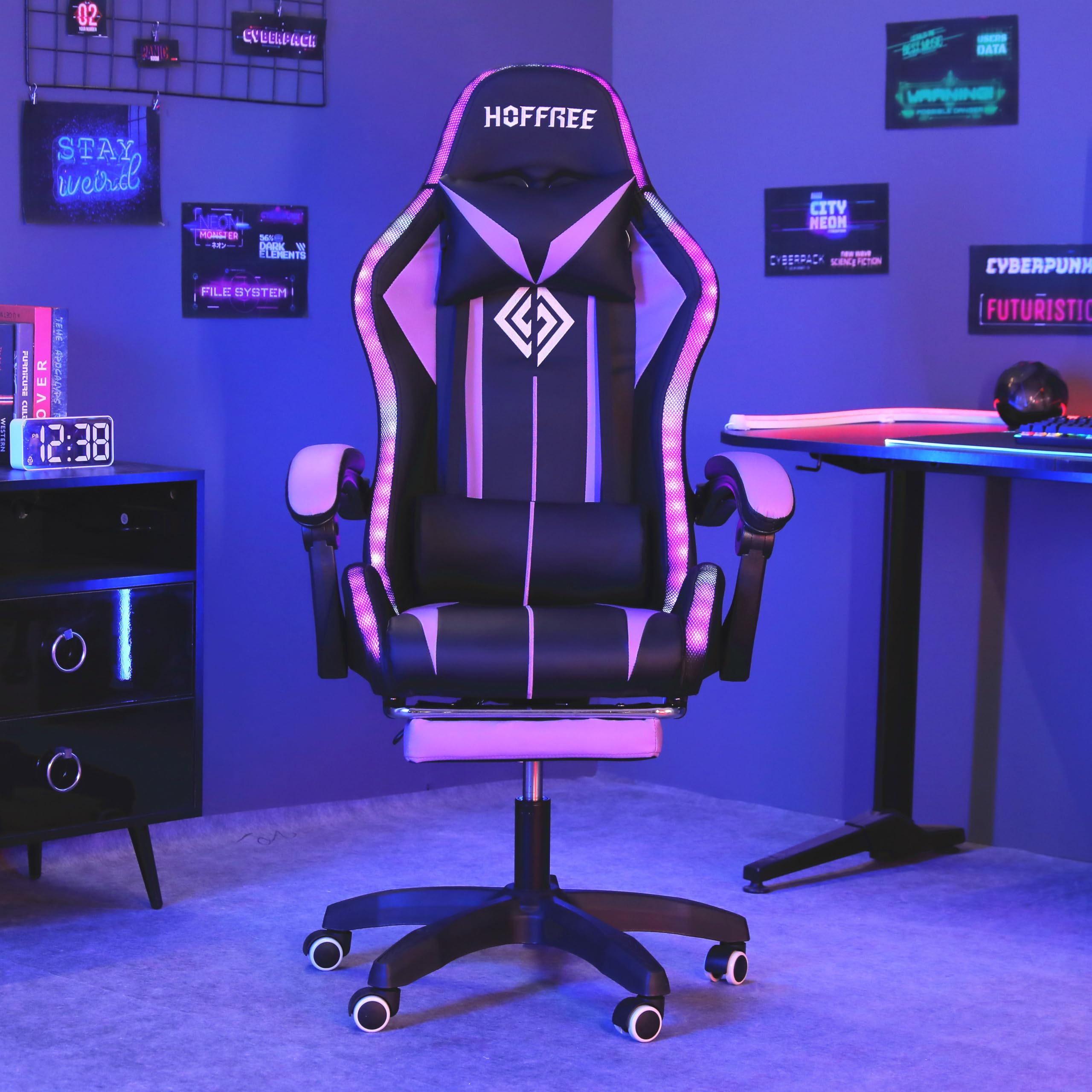 HOFFREE RGB Gaming Chair with Speakers Massage Computer Gaming Chair with LED Lights and Footrest High Back Video Game Chair for Adults Purple and Black
