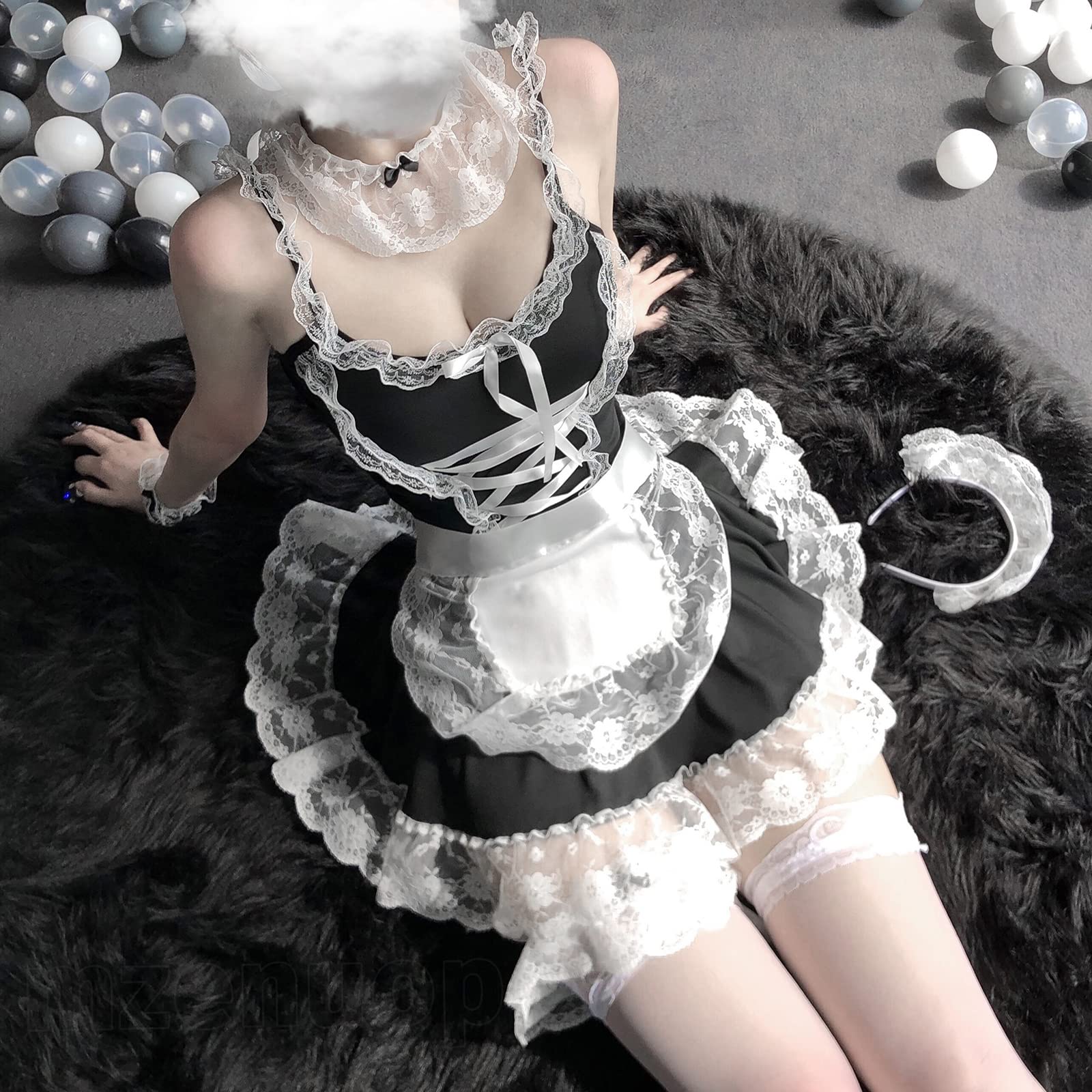 mzenuop Maid Dress Cosplay Sweet Classic Apron Costume with Socks: XX-Large