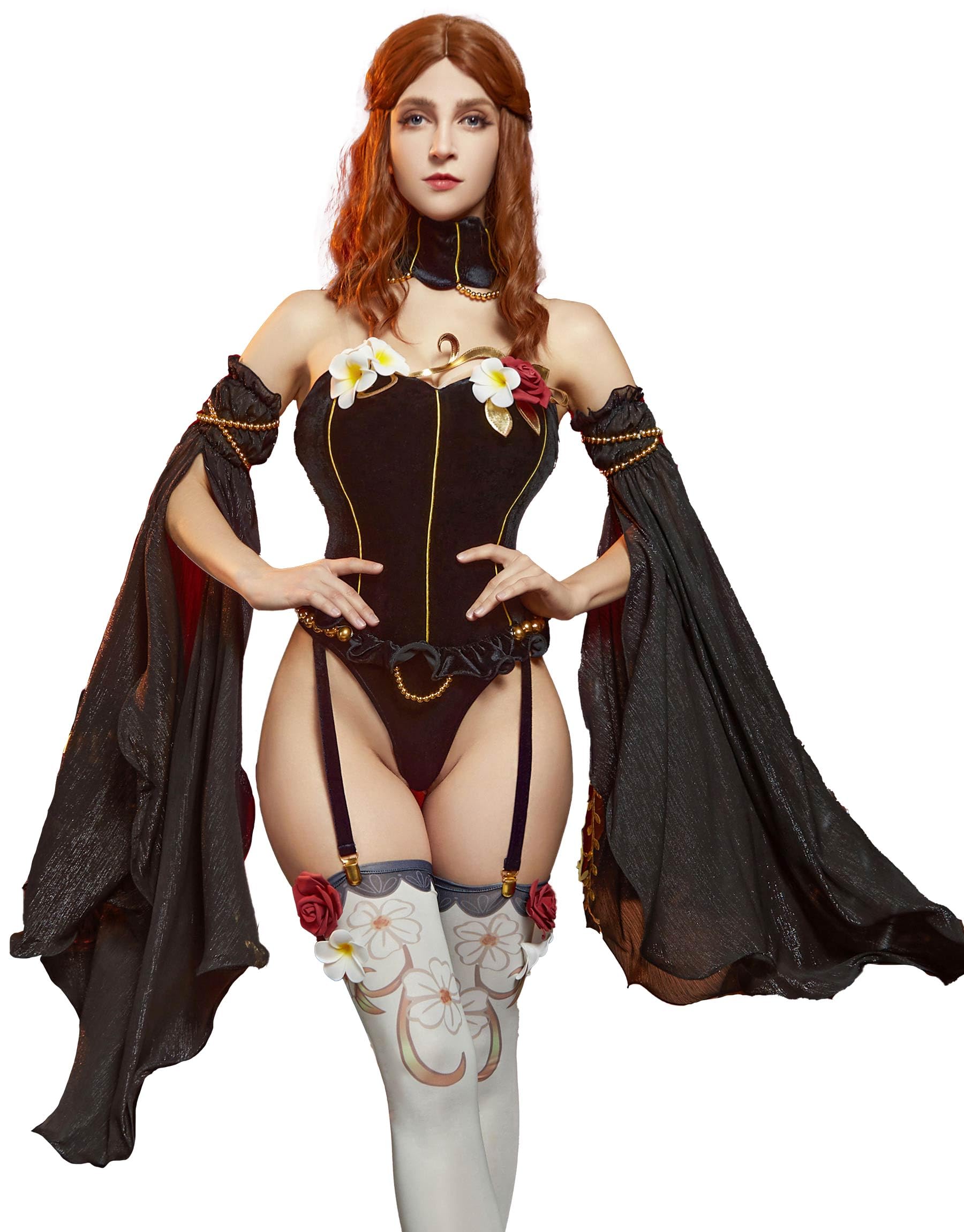 Mobbunny Women Medieval One Piece Bodysuit with Stockings and Tulle Sleeves Velvet Leotard Romper Jumpsuit Cosplay Bodysuit