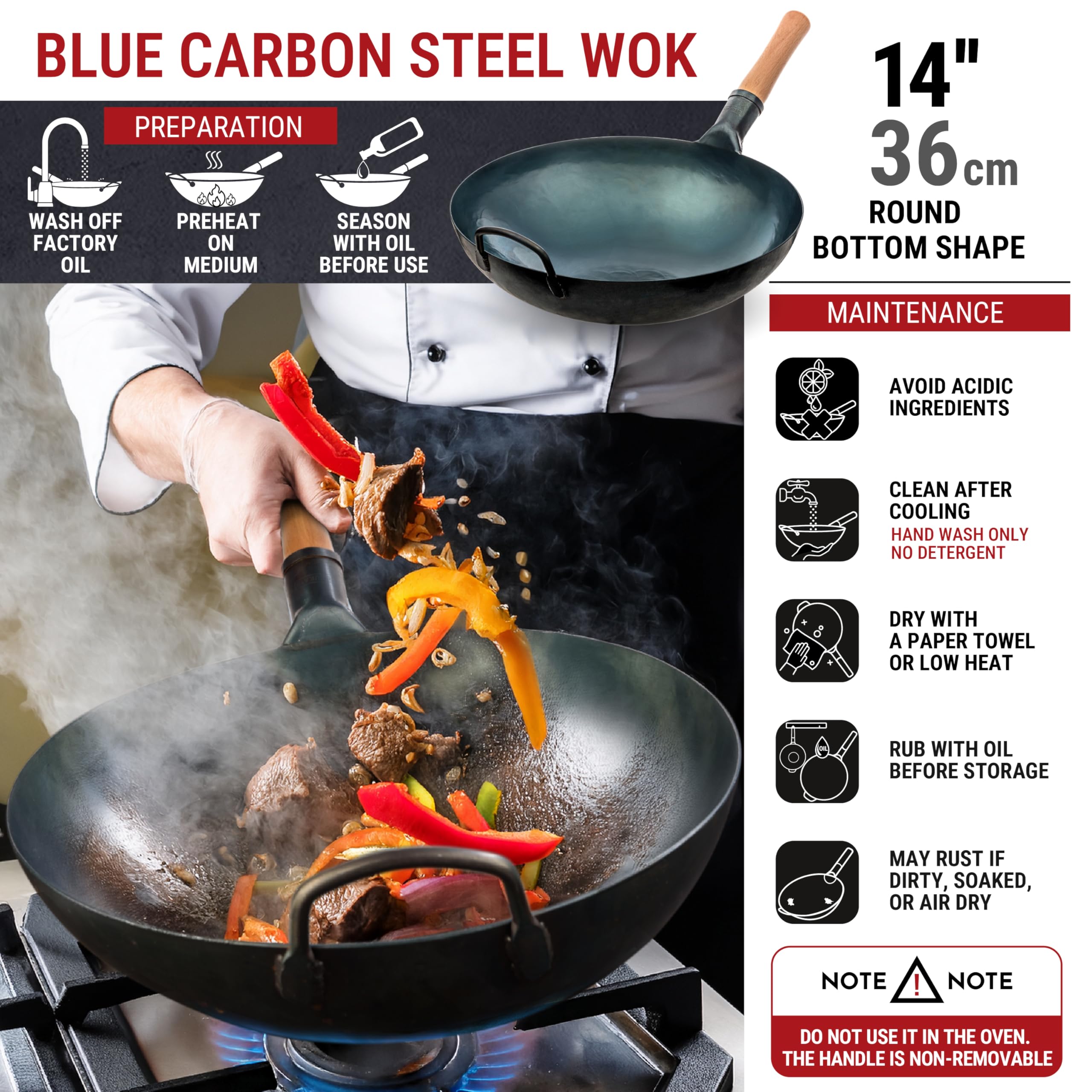 YOSUKATA 14” Round Bottom Carbon Steel Wok Pan – Blue Pre-Seasoned Pow Wok for Stir Fry, BBQ, Grill & Camping – Traditional Japanese & Chinese Cookware – Compatible with Gas Stoves & Open Fire Only: 14" Blue