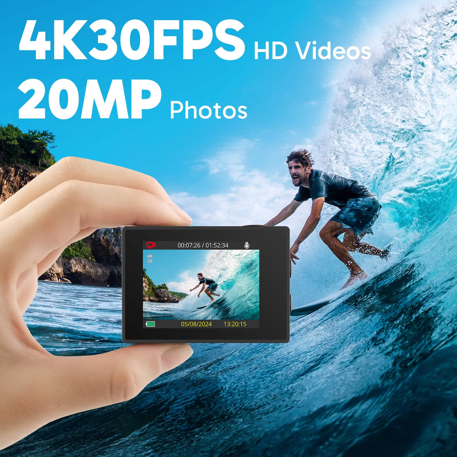 AKASO EK7000 4K30FPS 20MP WiFi Action Camera with EIS Ultra HD 131FT Waterproof Underwater Camera Remote Control 4X Zoom Support External Microphone: Blue