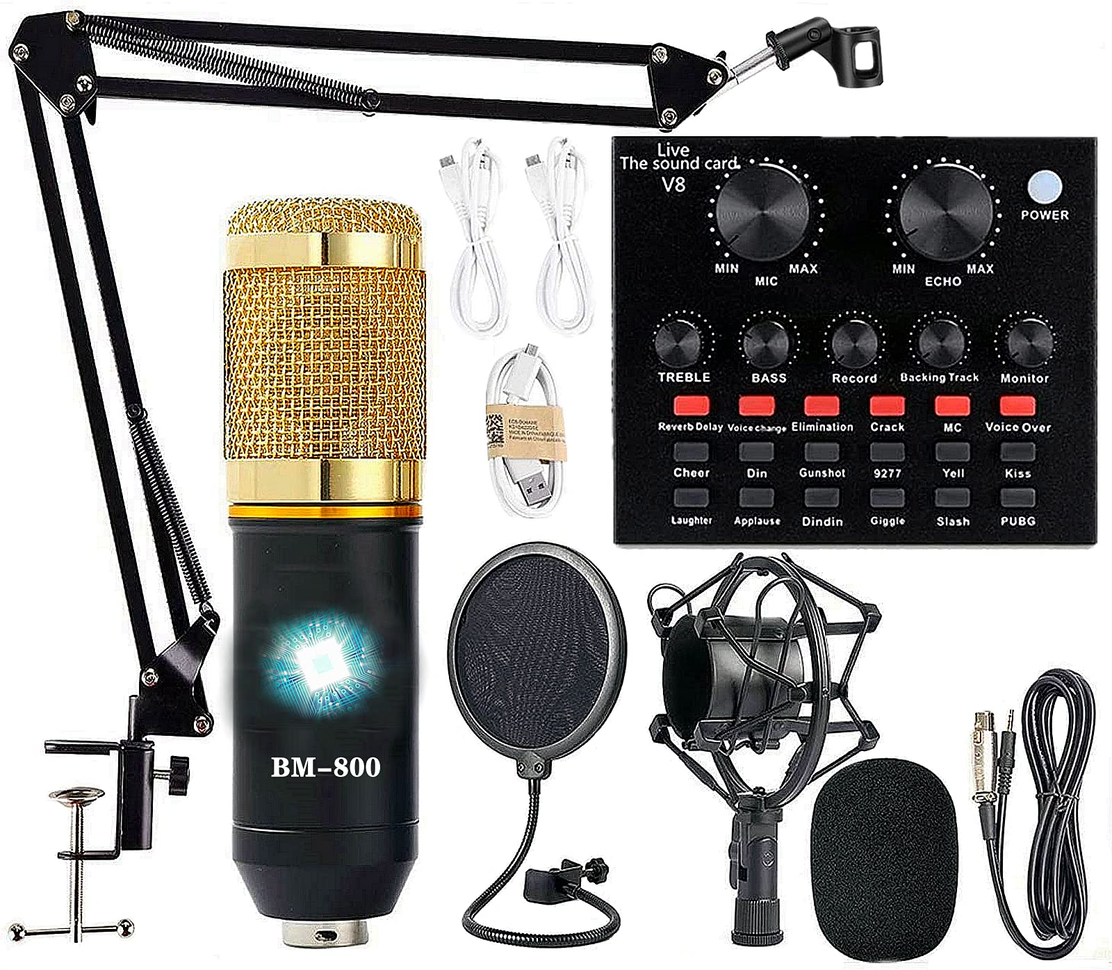 Podcast Equipment Bundle, BM-800 Recording Studio Package with Voice Changer, Live Sound Card - Audio Interface for Laptop Computer Vlog Living Broadcast Live Streaming YouTube TikTok ()