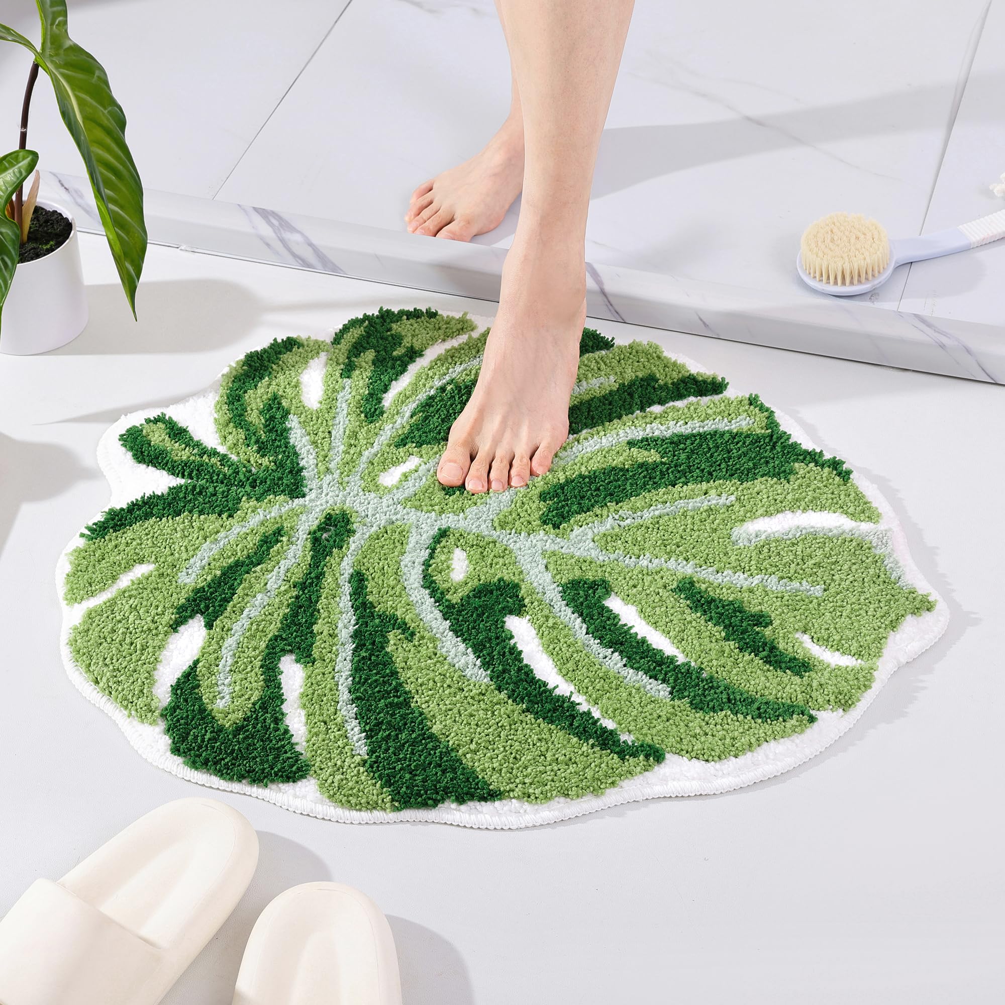 Panstar Green Leaf Mat, Large Monstera Cute Non Slip Palm Shaped Plush Fun Kitchen, Bathroom Bathtub Rugs Machine Washable: 1'8" x 2'2" (Leaf)