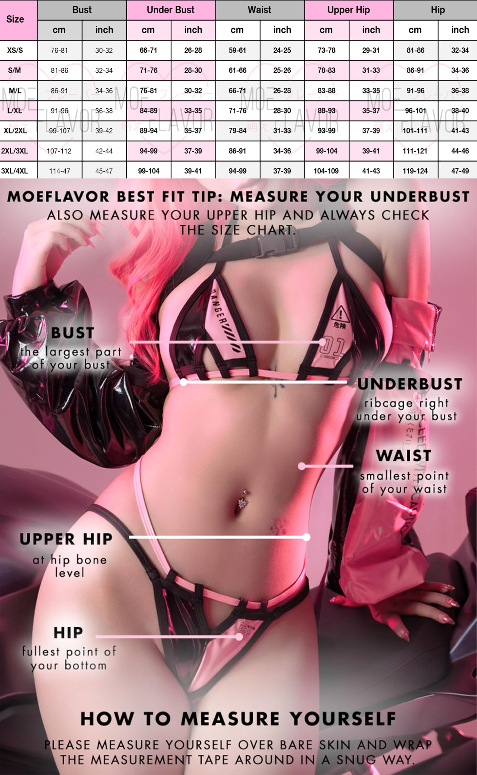 MOEFLAVOR Danger Cyber Cat Bikini with Sleeves Cosplay Costume | Sexy Kawaii Anime Lingerie | Halloween Costumes: X-Large-XX-Large Pink &amp; Black