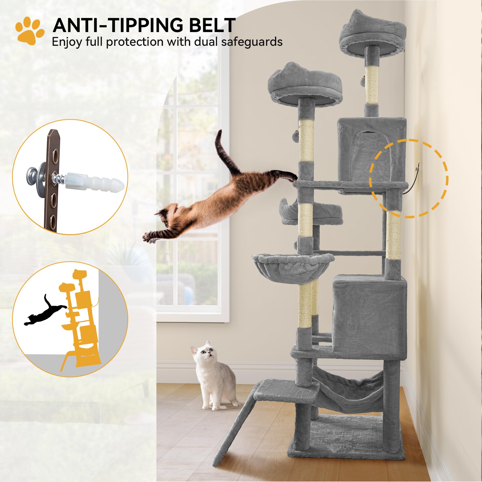 YITAHOME Tall Cat Tree for Indoor Cats, 75 inch Multi-Level Cat Tower with Cat Condos, Top Perches, Sisal Ramp Scratching Posts, Cozy Basket,Hammocks, Large Cat Pet Activity Structure,Pink: 75 inches Light Grey