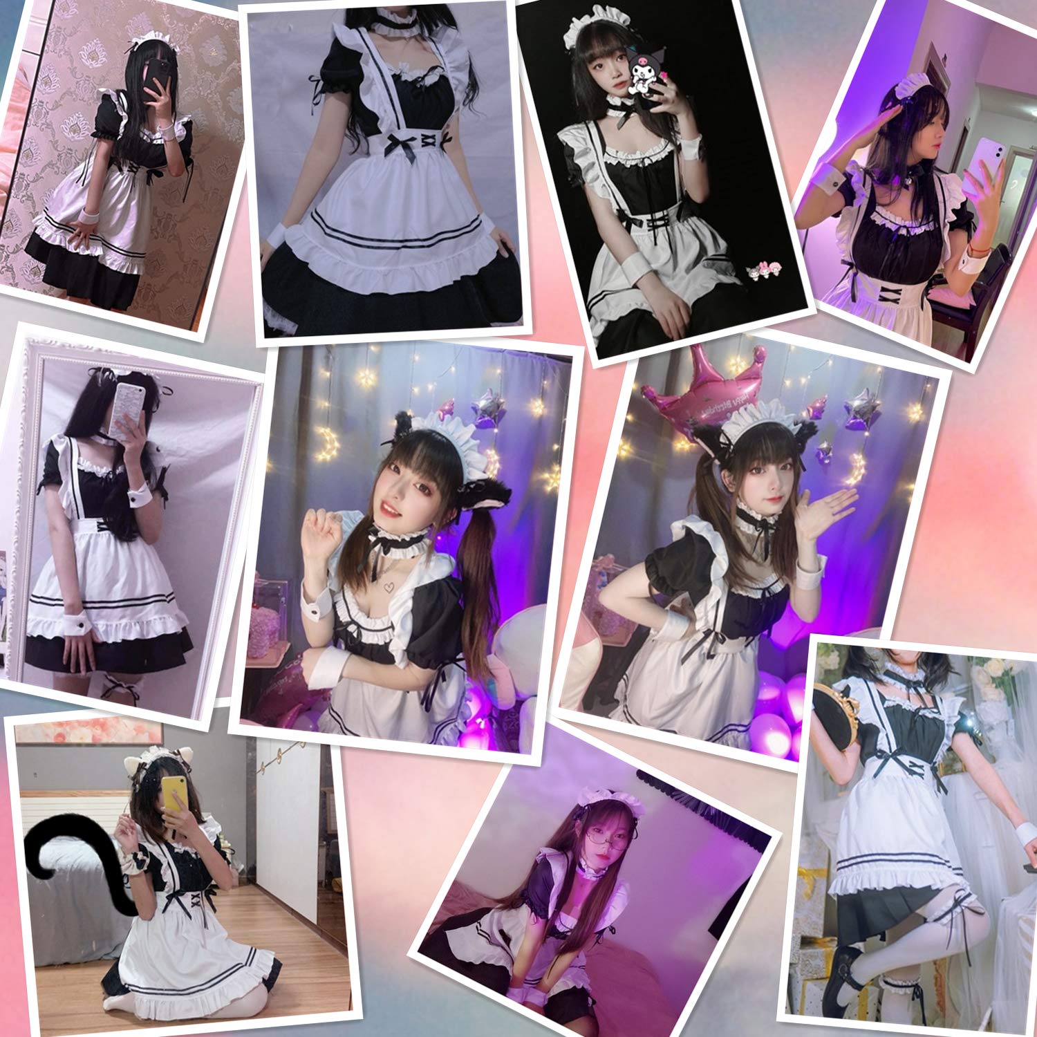 Wannsee Anime French Maid Apron Lolita Fancy Dress Cosplay Costume Furry Cat Ear Gloves Socks set(2XL): Small Black-white