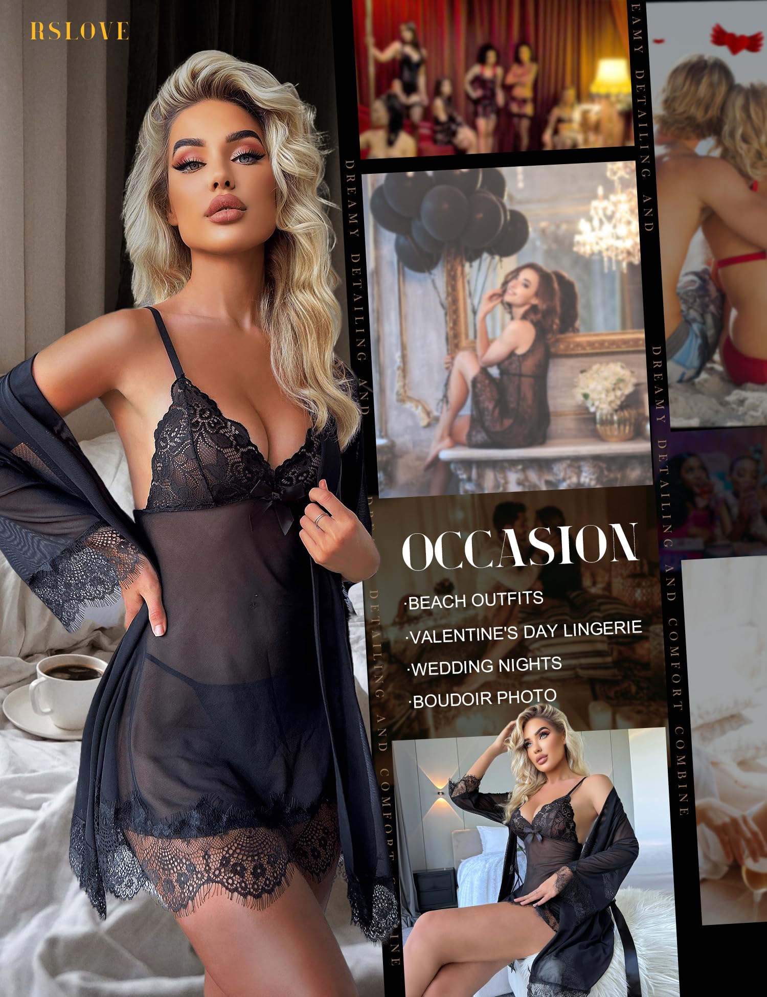 RSLOVE Women Sexy Lingerie Set 3 Piece Babydoll & Lace Kimono Robe Strap Chemise Sleepwear Mesh Nightgown: Medium Black