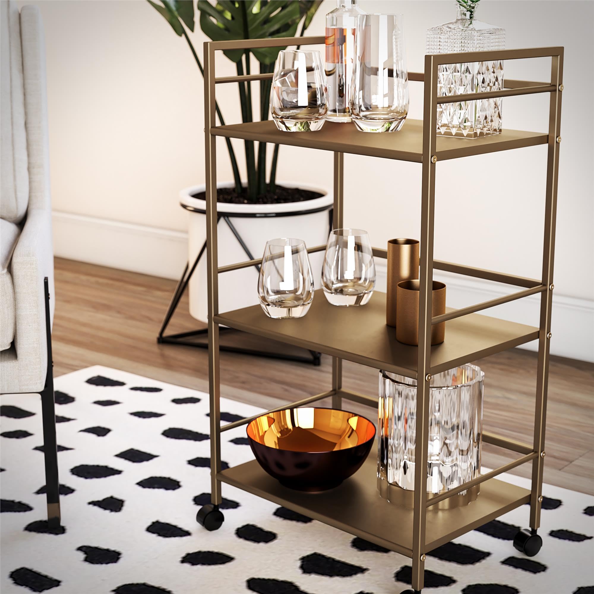 Novogratz Helix Small Bar Cart for the Home, 3 Tier Rolling Cart With Wheels, Kitchen Cart with Storage for Beverages and Wine, Gold: Novogratz Helix Small Bar Cart for the Home, 3 Tier Rolling Cart With Wheels, Kitchen Cart with Storage for Beverages and Wine, Gold
