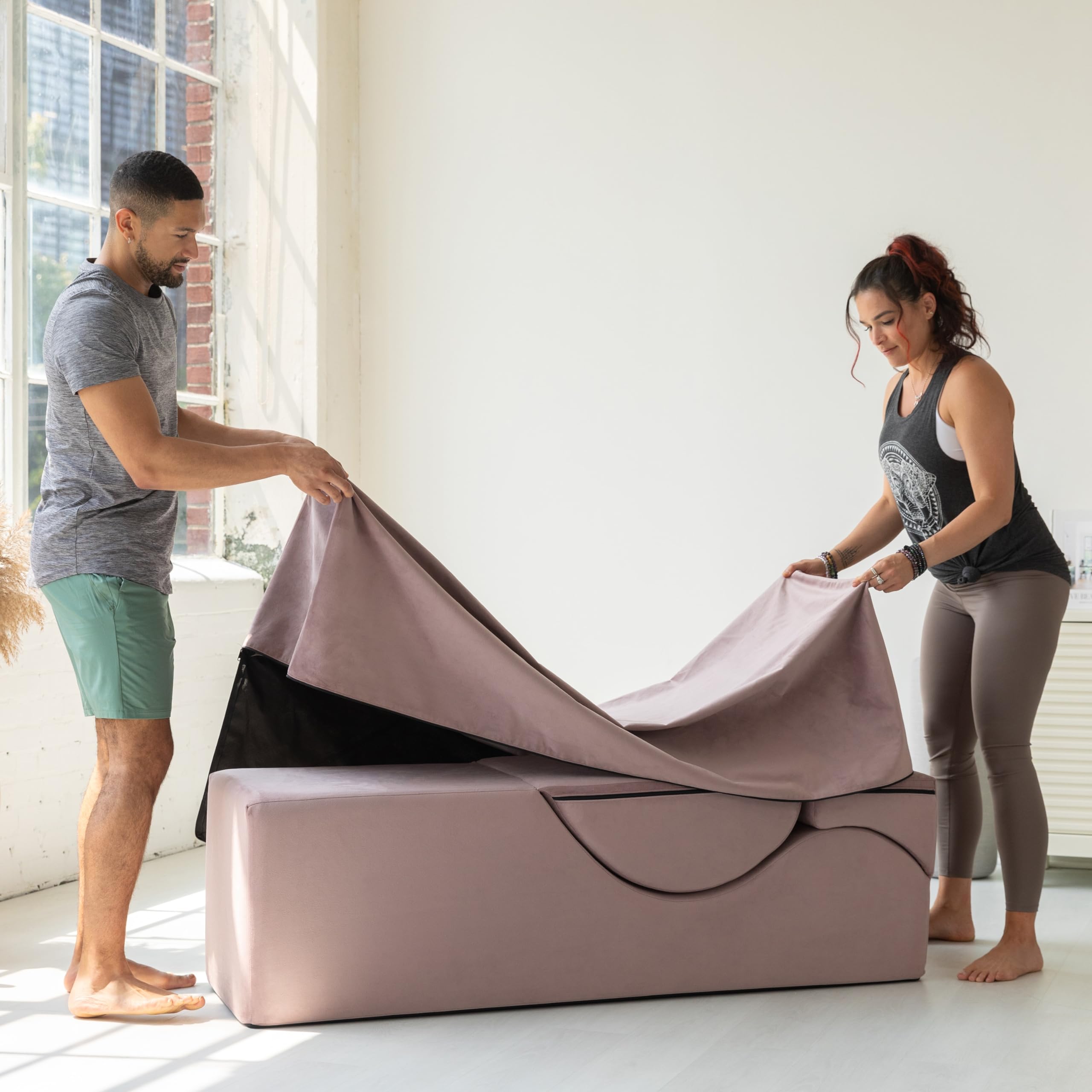 Avana Kami Convertible Chaise/Bed Bench for Yoga & Massage - 2-in-1 End of Bed Ottoman with Concealed Fold Out Yoga Lounge Chair, Microvelvet Rose: 18" Wide Rose