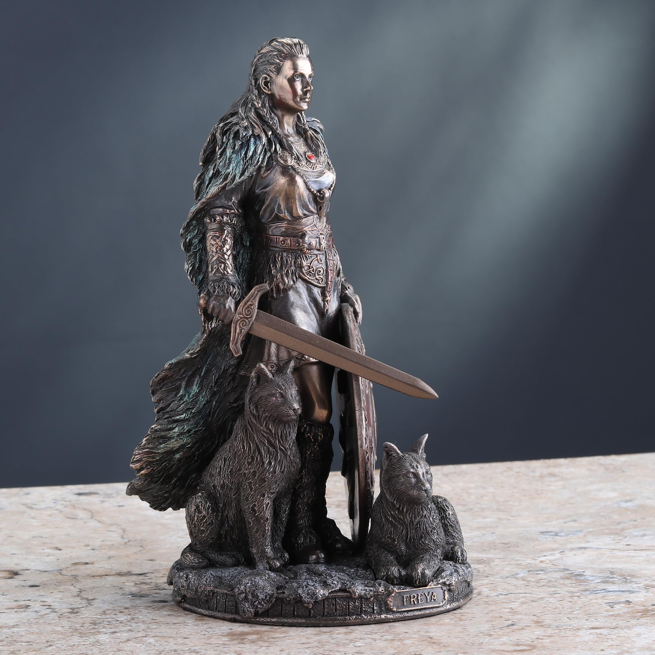 Veronese Design 8 1/4 Shield Maiden Freya Norse Goddess of Love Beauty and War Cold Cast Resin Sculpture Antique Bronze Finish Statue